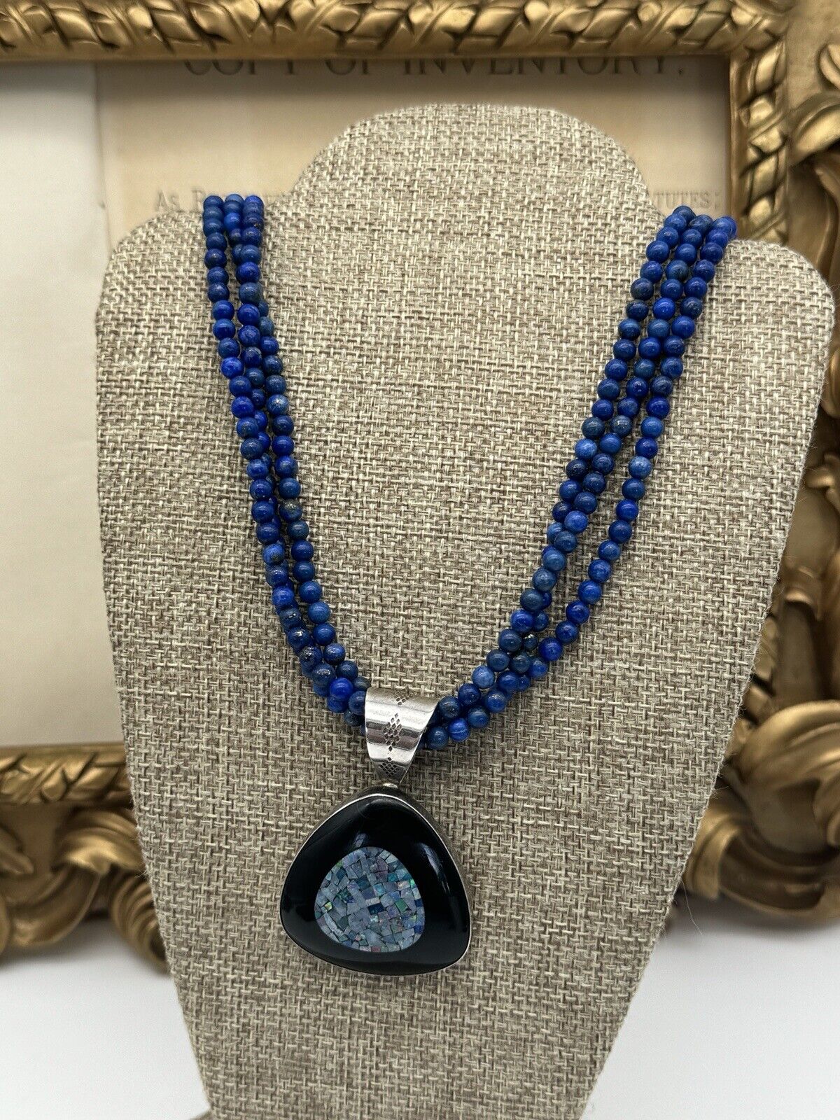 Vintage DTR Jay KING Lapis Onyx & Opal Mosaic 925 Sterling  Necklace & Pendant