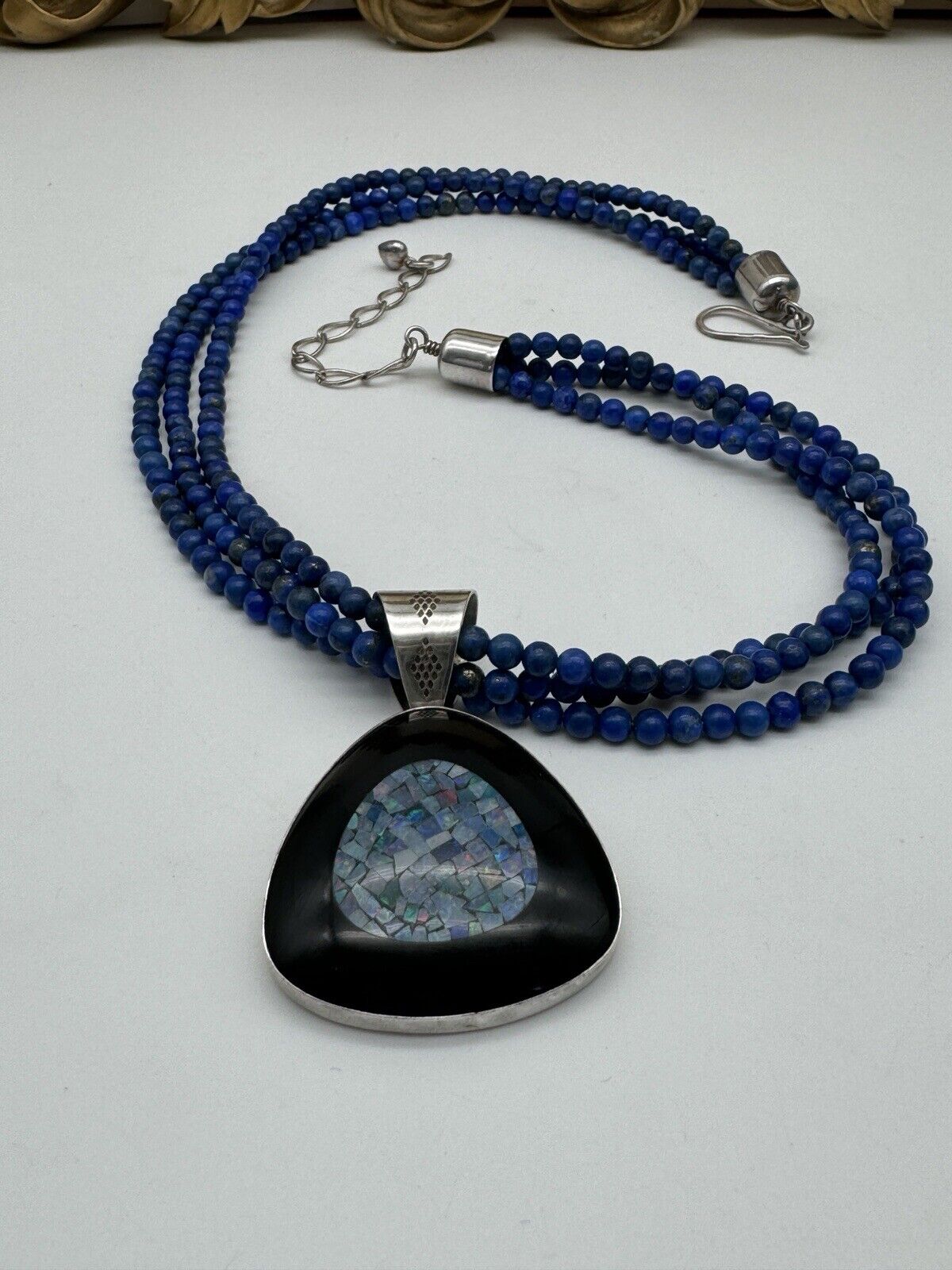 Vintage DTR Jay KING Lapis Onyx & Opal Mosaic 925 Sterling  Necklace & Pendant