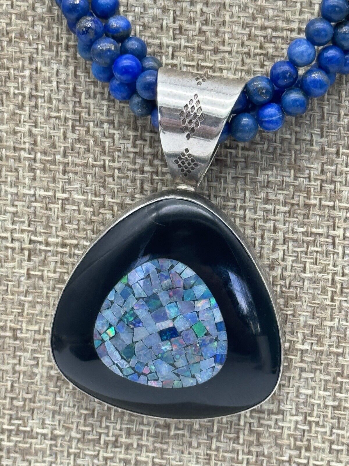 Vintage DTR Jay KING Lapis Onyx & Opal Mosaic 925 Sterling  Necklace & Pendant