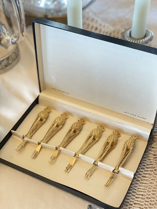 Vintage Canapé Fork Set 24kt Gold Plated Janis Collection 6 Pineapple Design