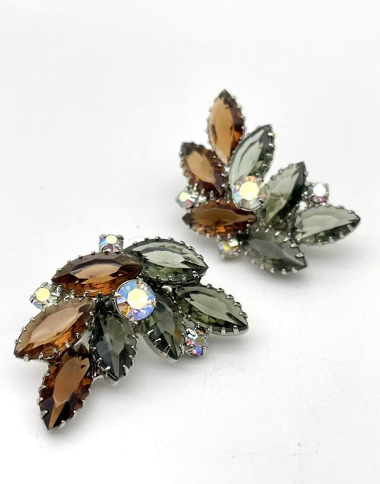 Vintage Pair Of Grey & Brown Color Rhinestone Earring Clips With AB Accents