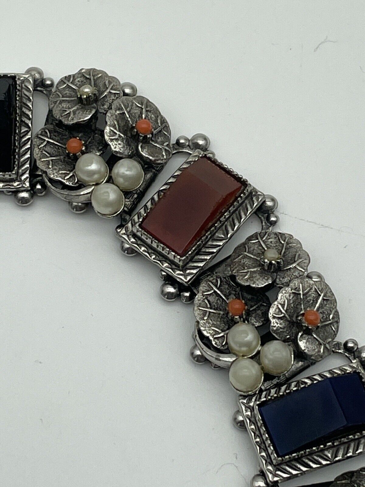 Czech Austro-Hungarian Style Bracelet Book Chain Faux Pearl Lily Pad 1930-40