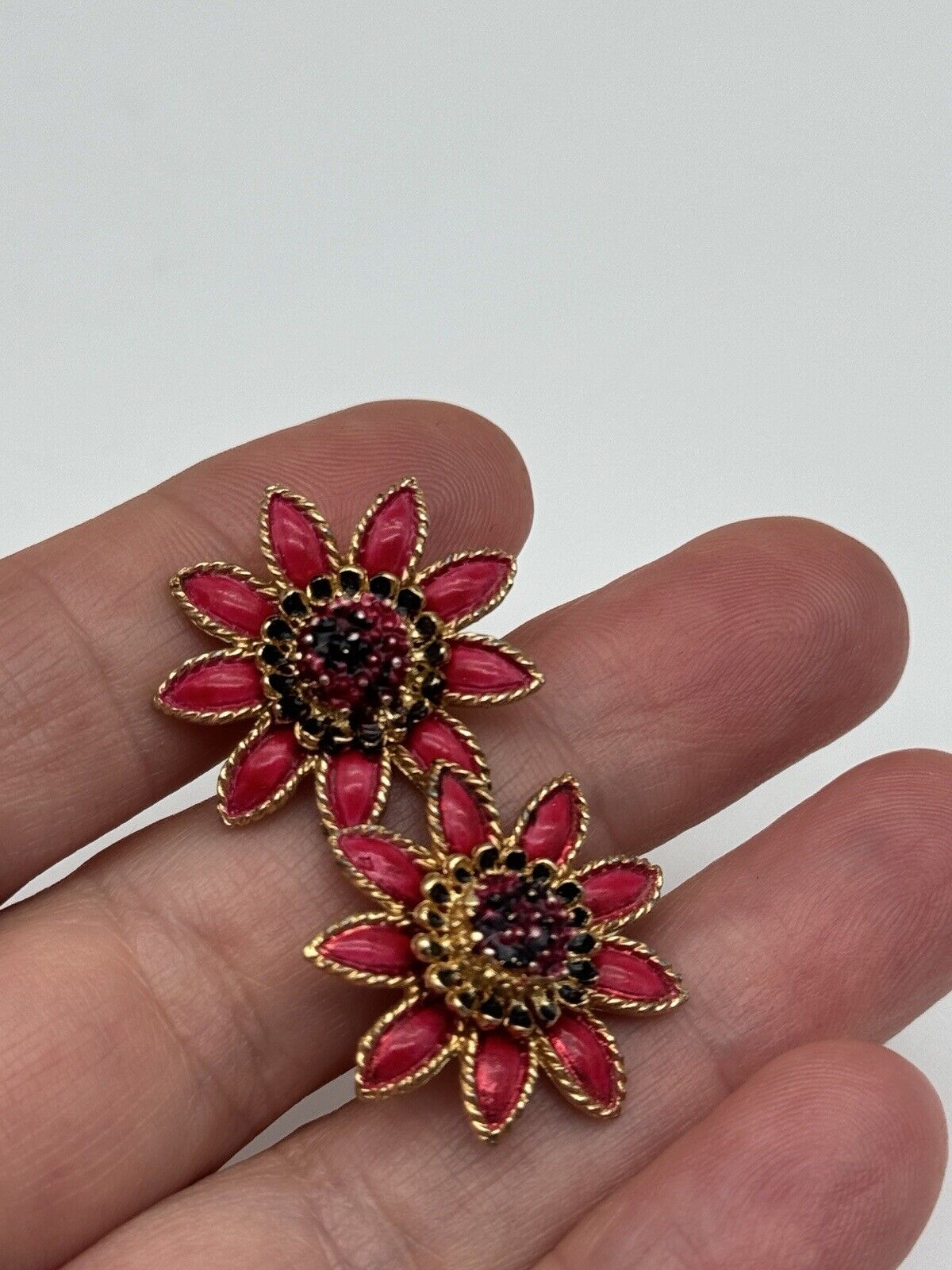 Gold Tone Red Enameled Flower Clip-on Earrings SIGNED CORO