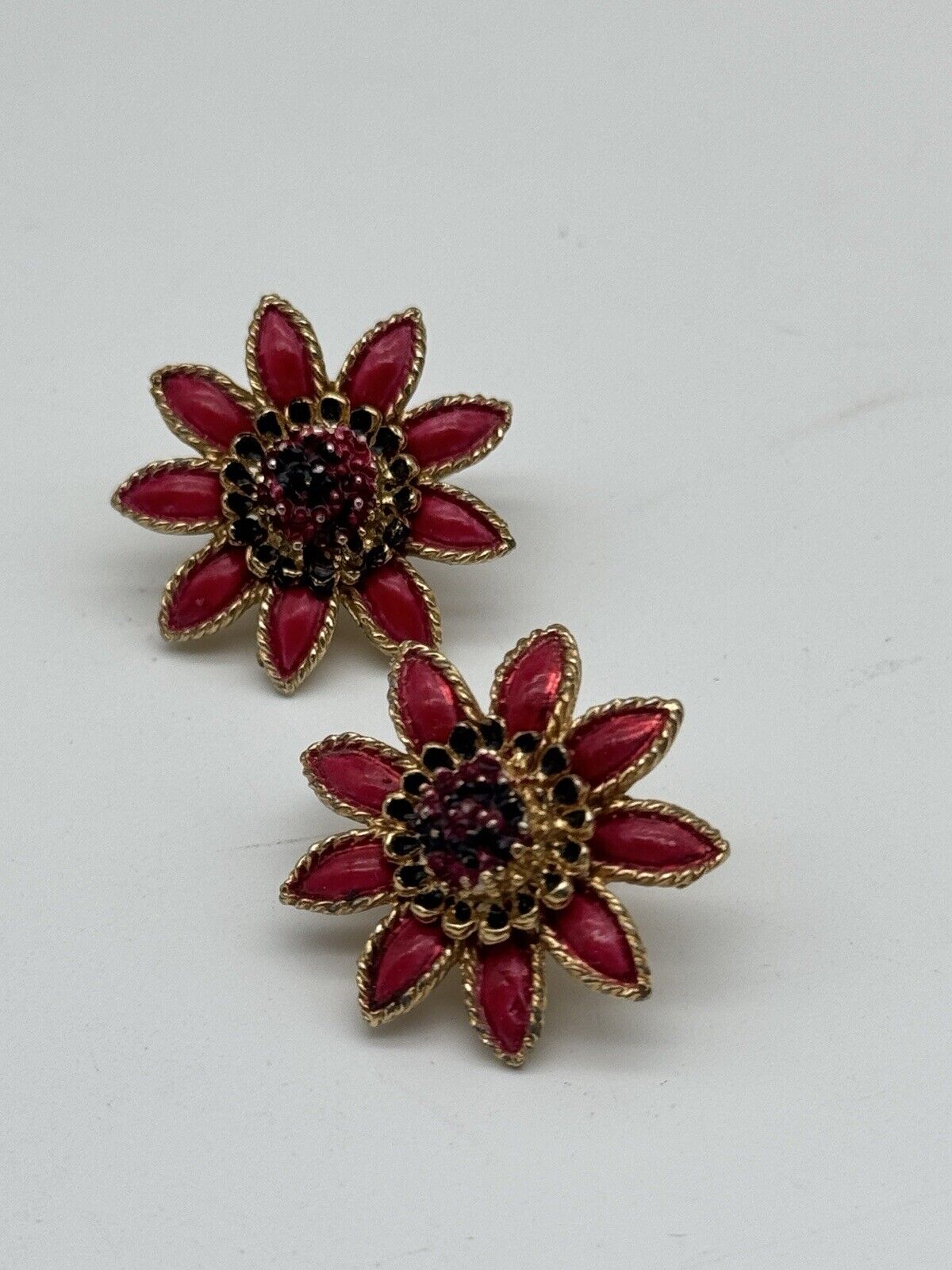 Gold Tone Red Enameled Flower Clip-on Earrings SIGNED CORO