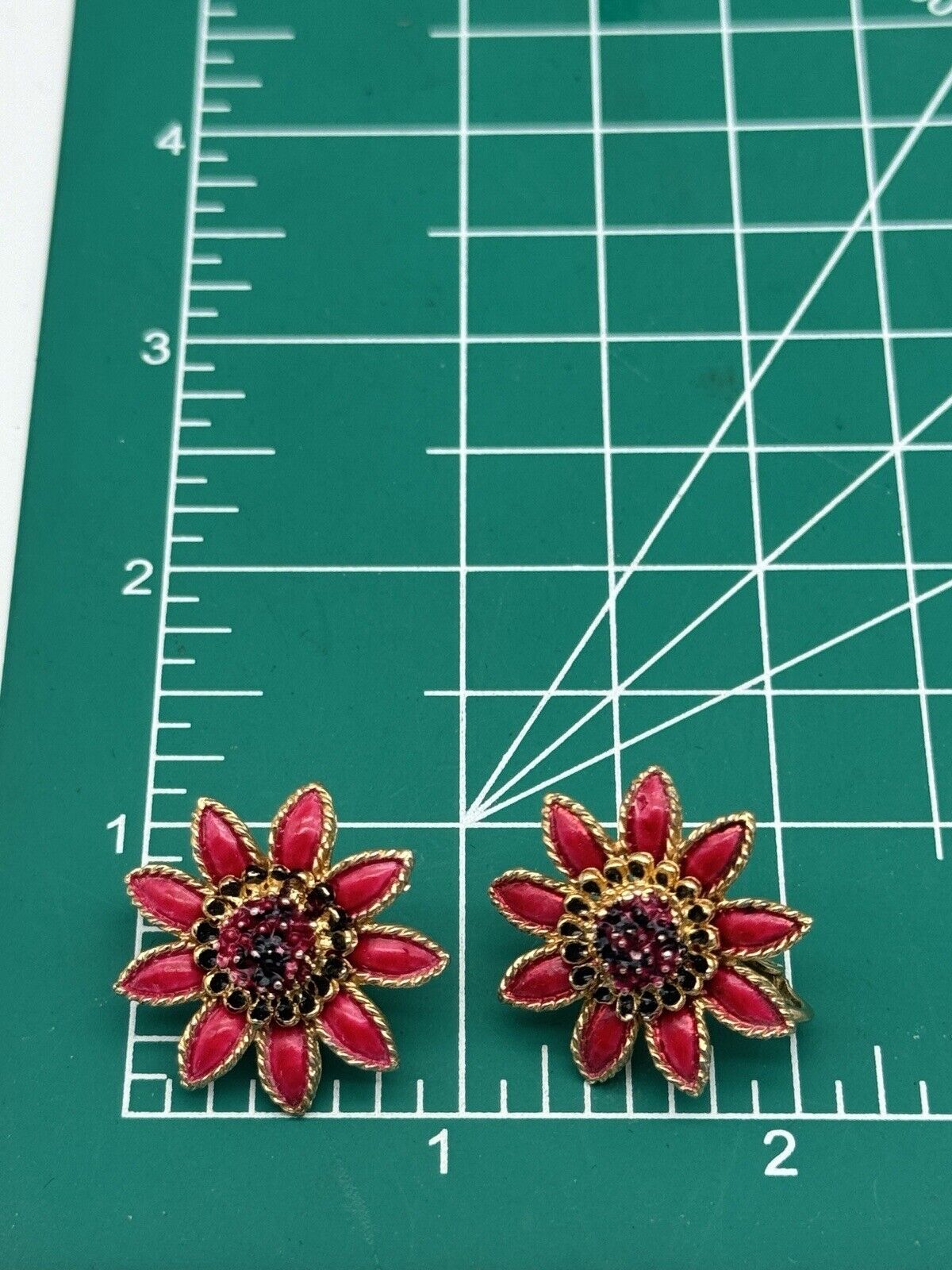 Gold Tone Red Enameled Flower Clip-on Earrings SIGNED CORO