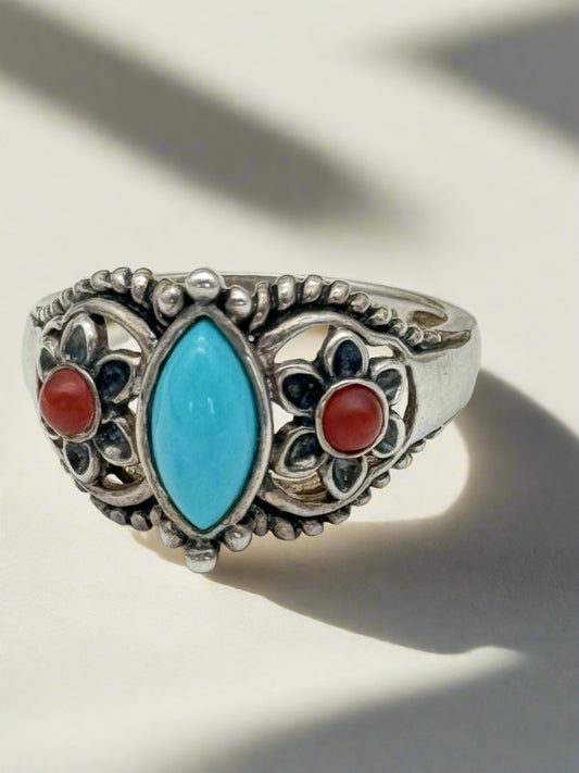 Sterling Silver & Turquoise & Red Coral Southwestern Design Ring Size 8.75