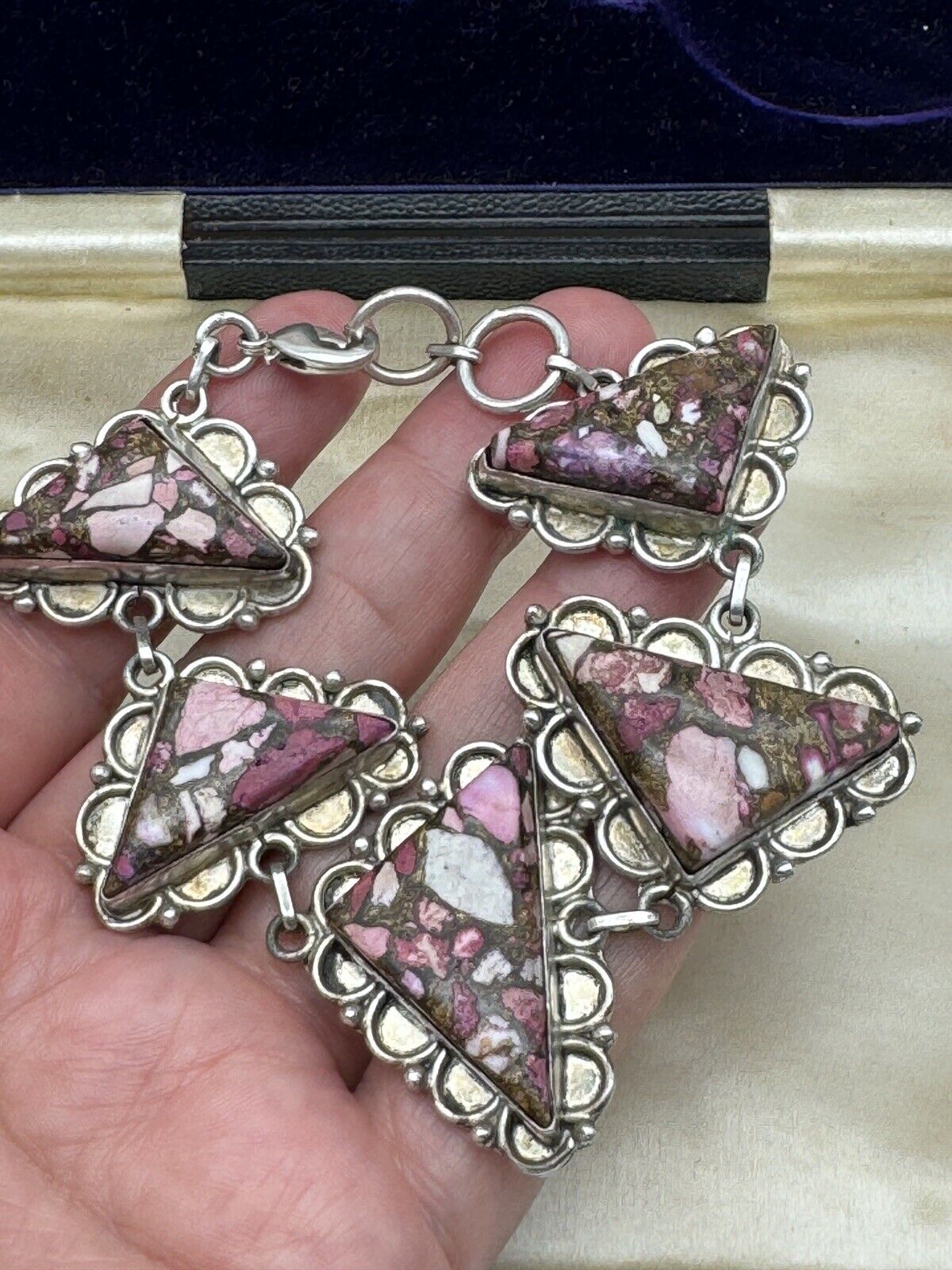 Vintage MCM Artisan Style Silver Tone Pink Stone Bracelet