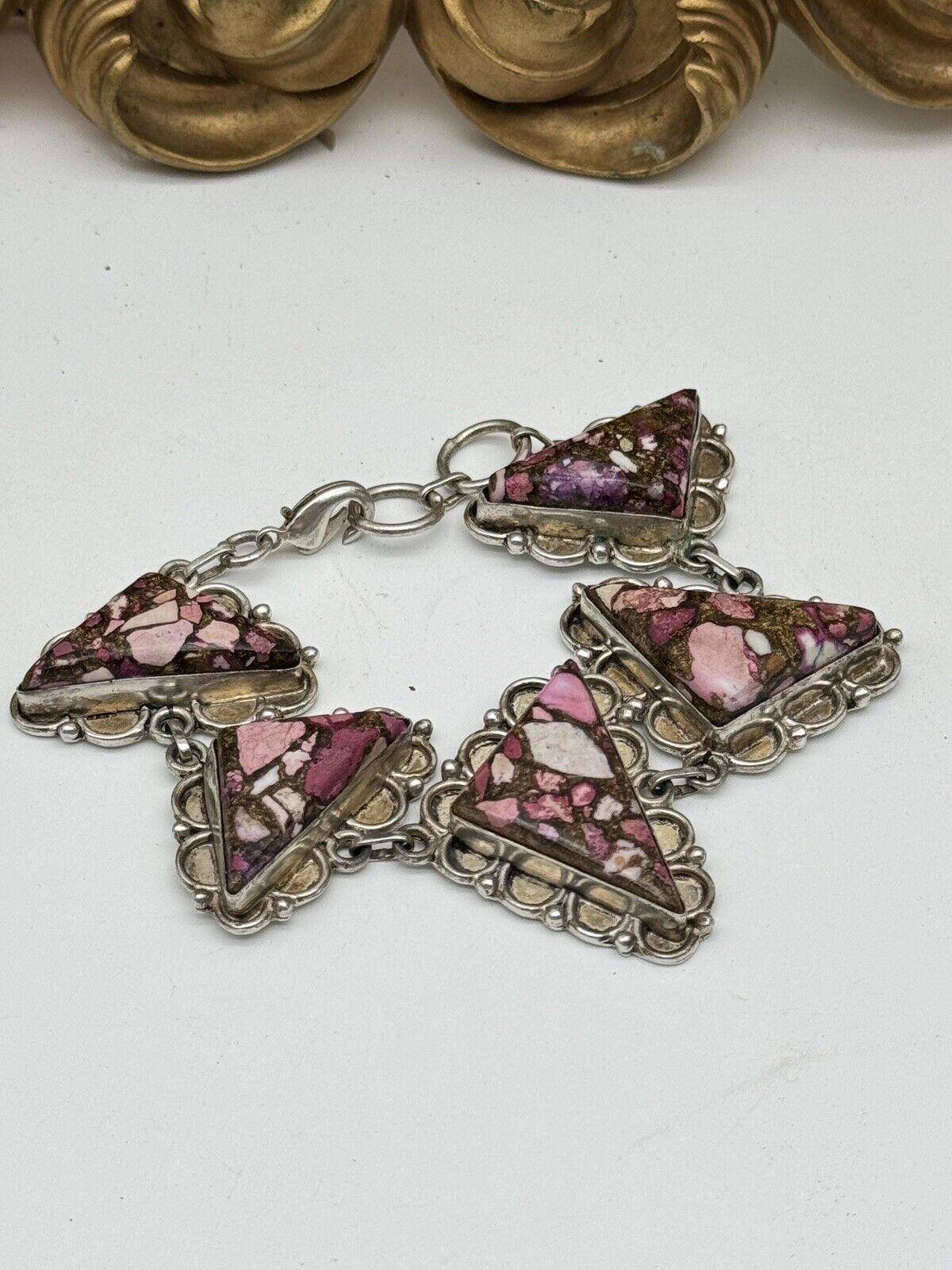 Vintage MCM Artisan Style Silver Tone Pink Stone Bracelet