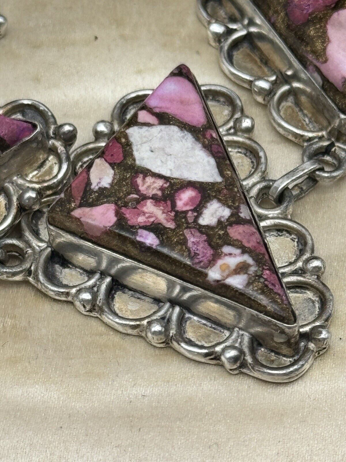 Vintage MCM Artisan Style Silver Tone Pink Stone Bracelet