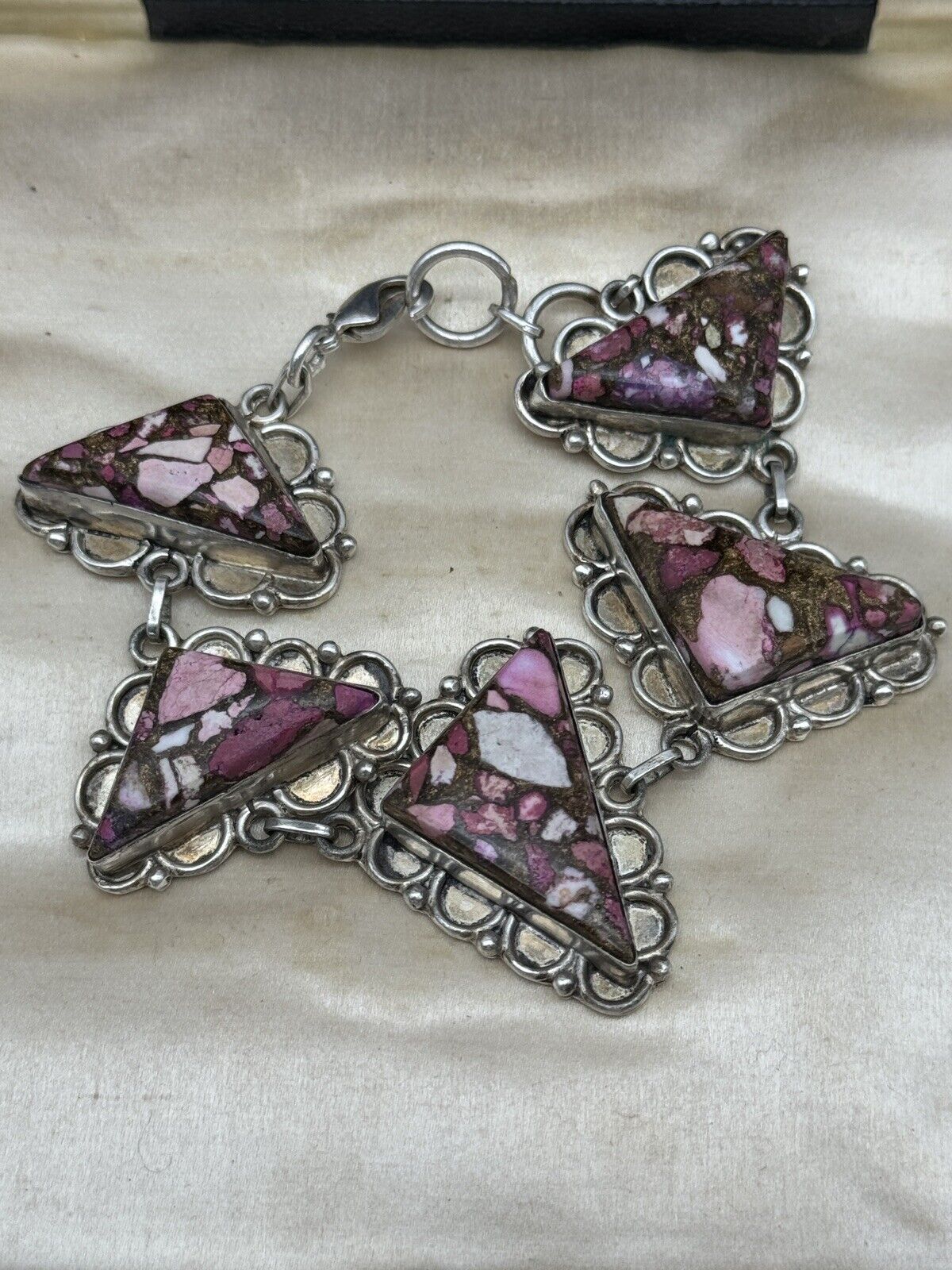 Vintage MCM Artisan Style Silver Tone Pink Stone Bracelet