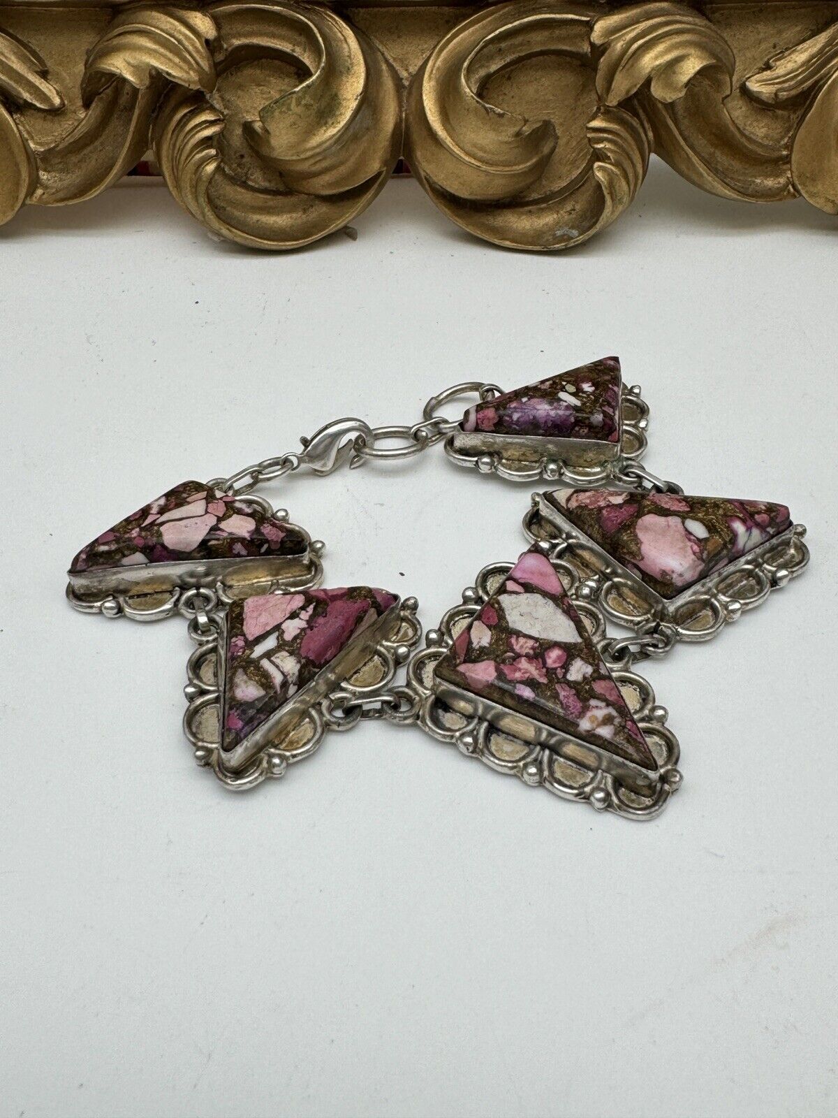 Vintage MCM Artisan Style Silver Tone Pink Stone Bracelet