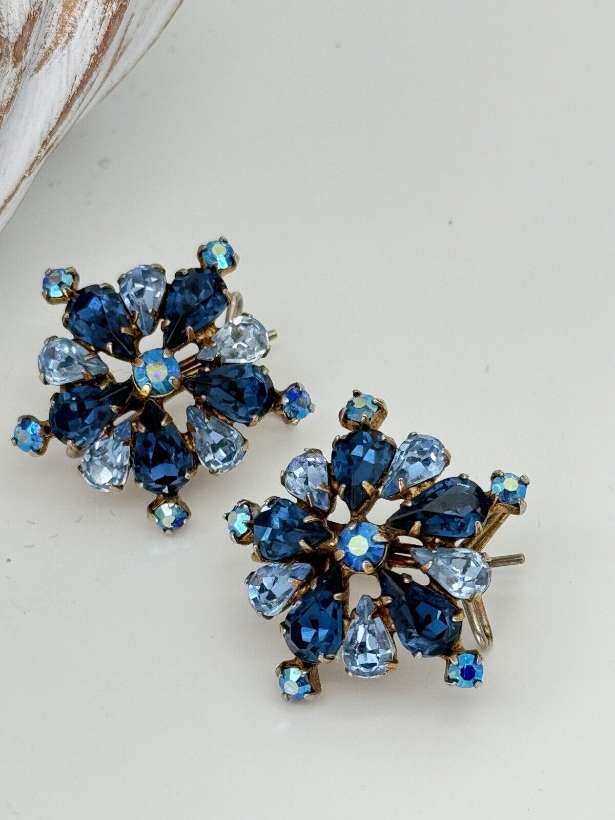 Vintage Blue Rhinestone Wingback Earrings JUDITH MCCANN Pat No 2414382