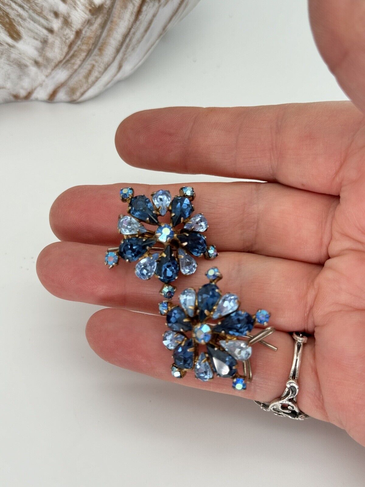 Vintage Blue Rhinestone Wingback Earrings JUDITH MCCANN Pat No 2414382