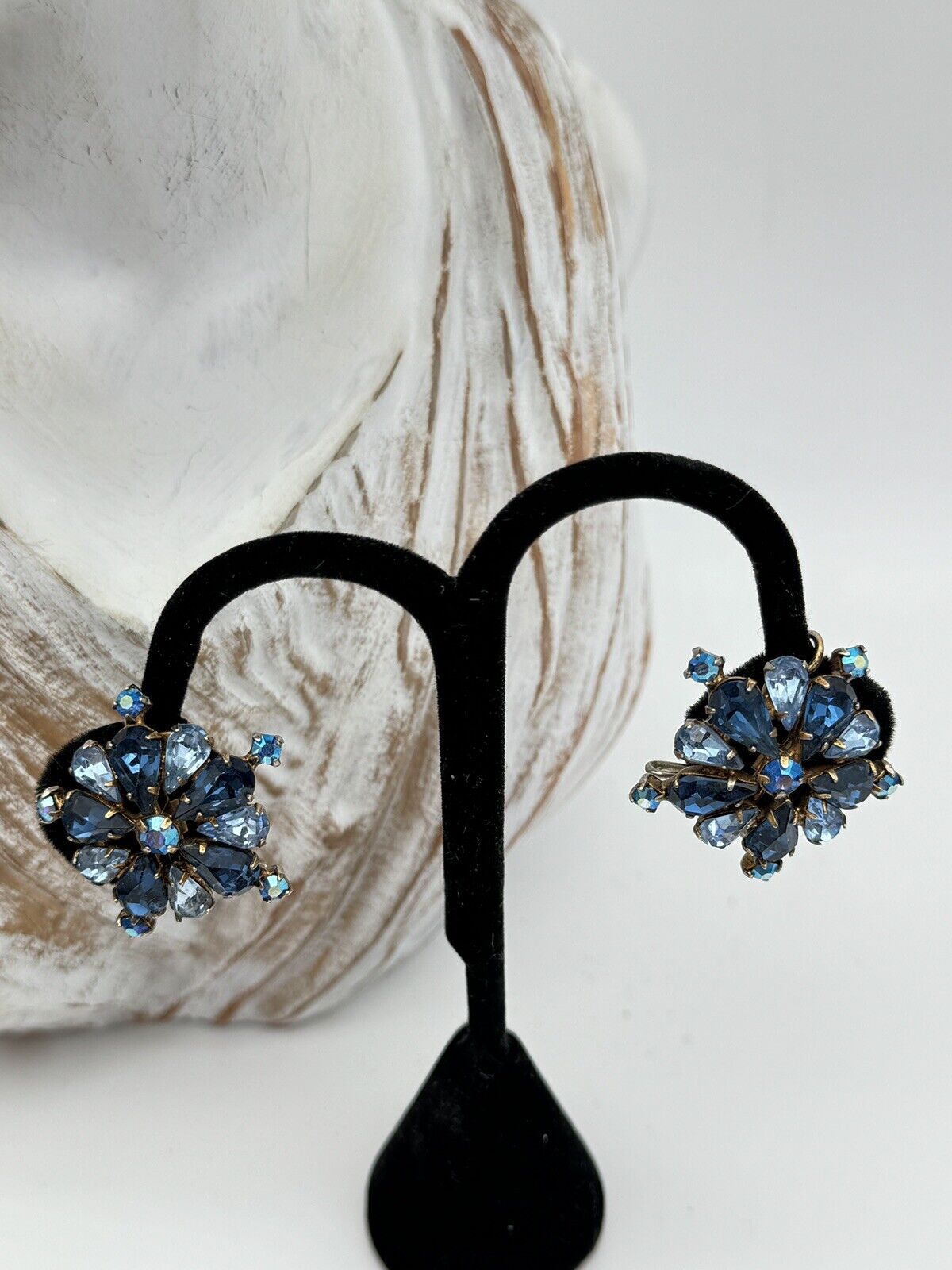 Vintage Blue Rhinestone Wingback Earrings JUDITH MCCANN Pat No 2414382