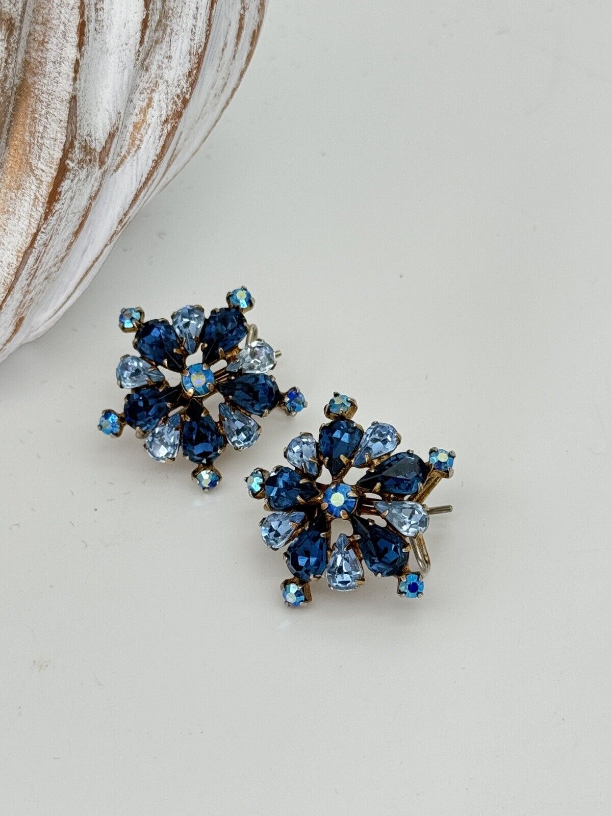 Vintage Blue Rhinestone Wingback Earrings JUDITH MCCANN Pat No 2414382