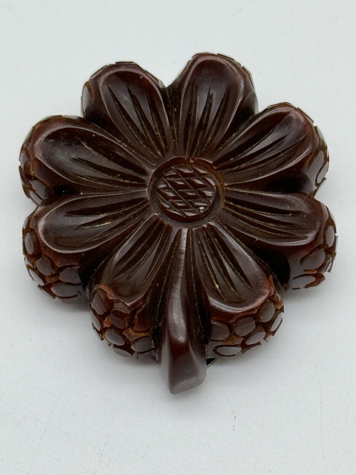 Vintage Brown Bakelite Dress Clip Carved Daisy Exquisite Detail