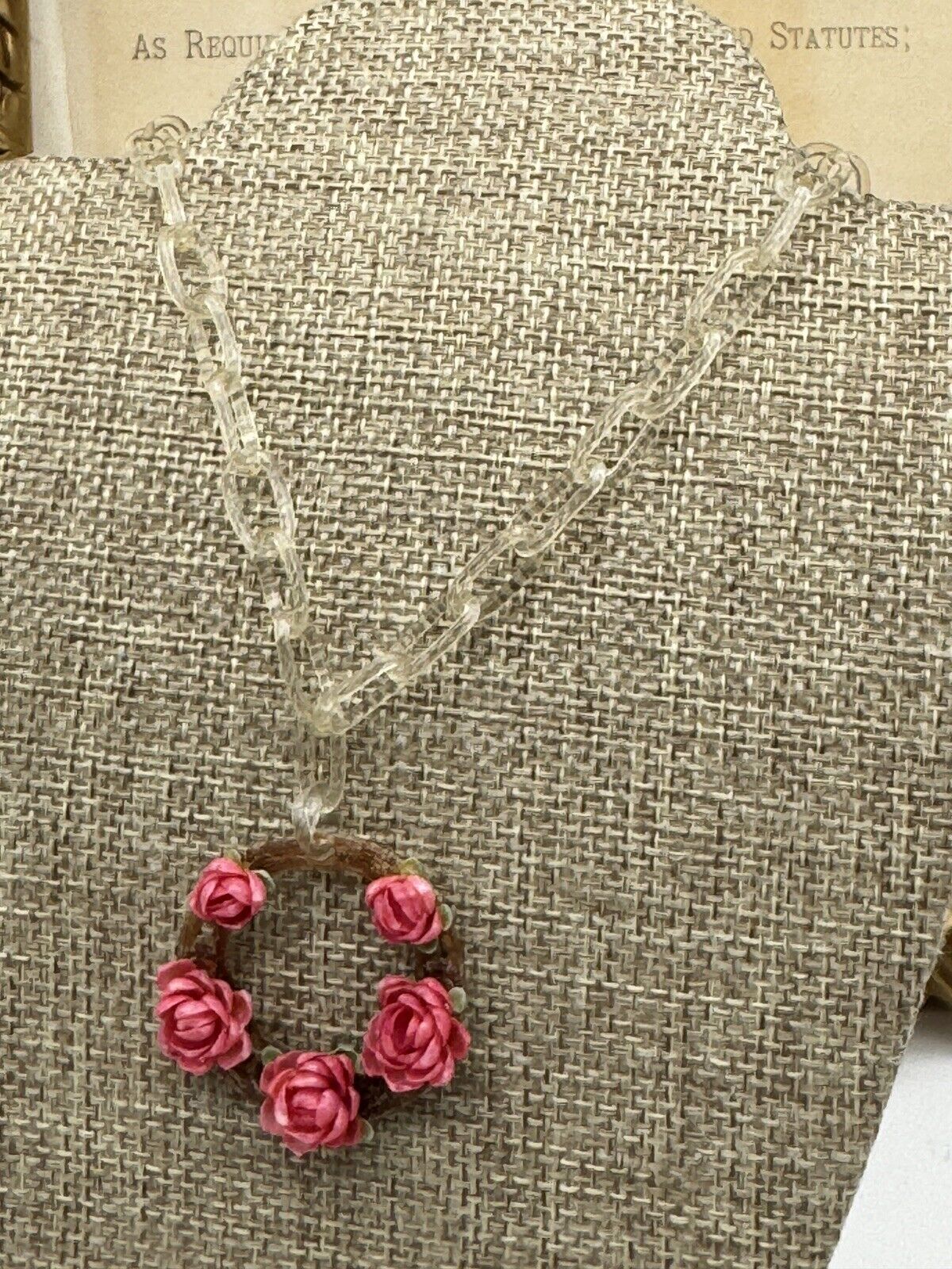 Vintage Rose Celluloid Pendant Necklace With Matching Chain 18” RARE