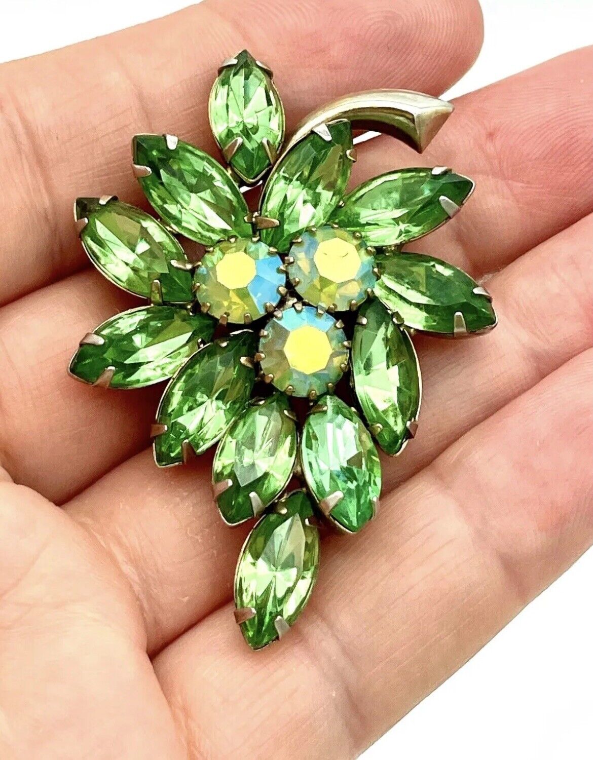 Uranium Brooch Emerald Peridot Green Rhinestone Estate Jewelry VINTAGE