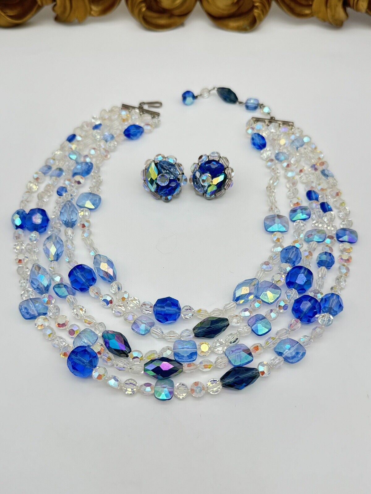 Vintage Blue & Clear AB Crystal 5 Strand Necklace & VOGUE Earrings Ca. 1960s