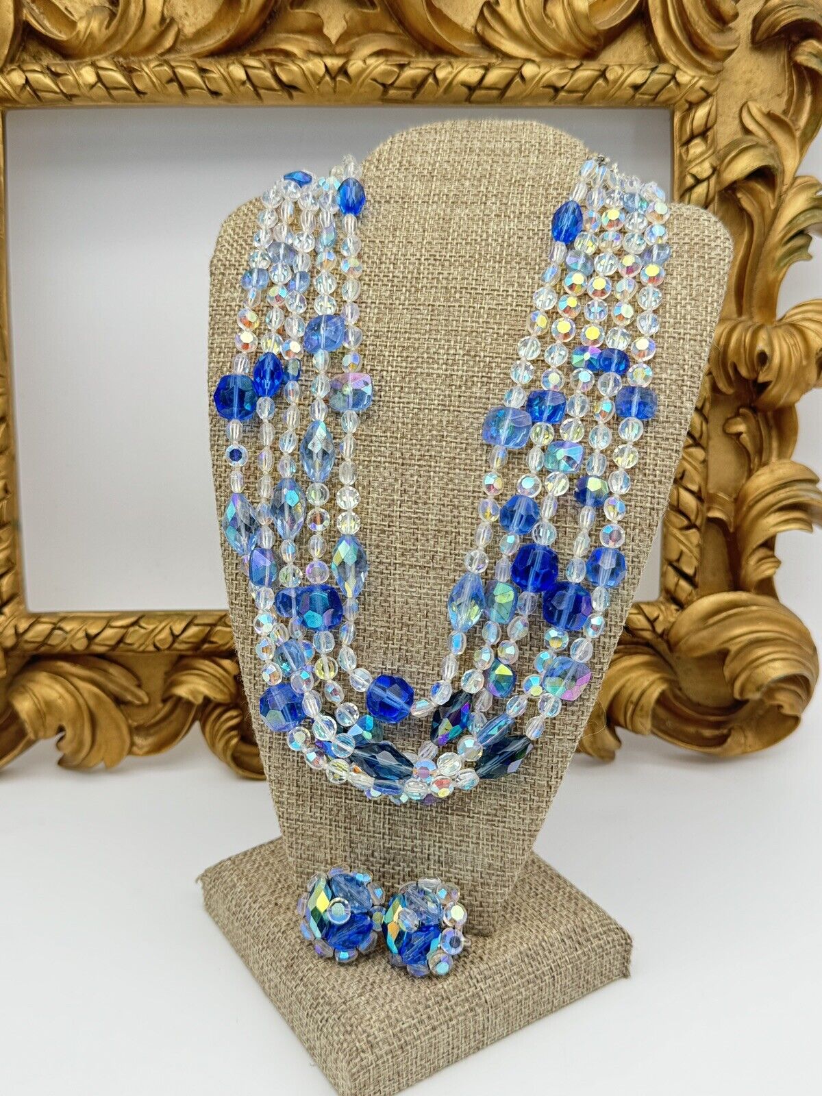 Vintage Blue & Clear AB Crystal 5 Strand Necklace & VOGUE Earrings Ca. 1960s