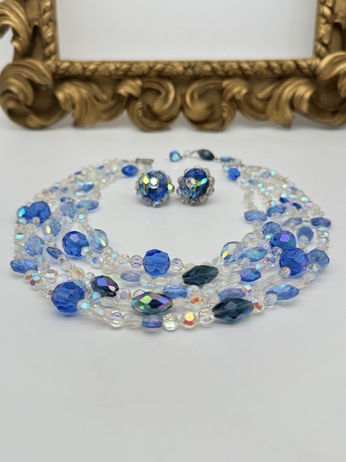 Vintage Blue & Clear AB Crystal 5 Strand Necklace & VOGUE Earrings Ca. 1960s