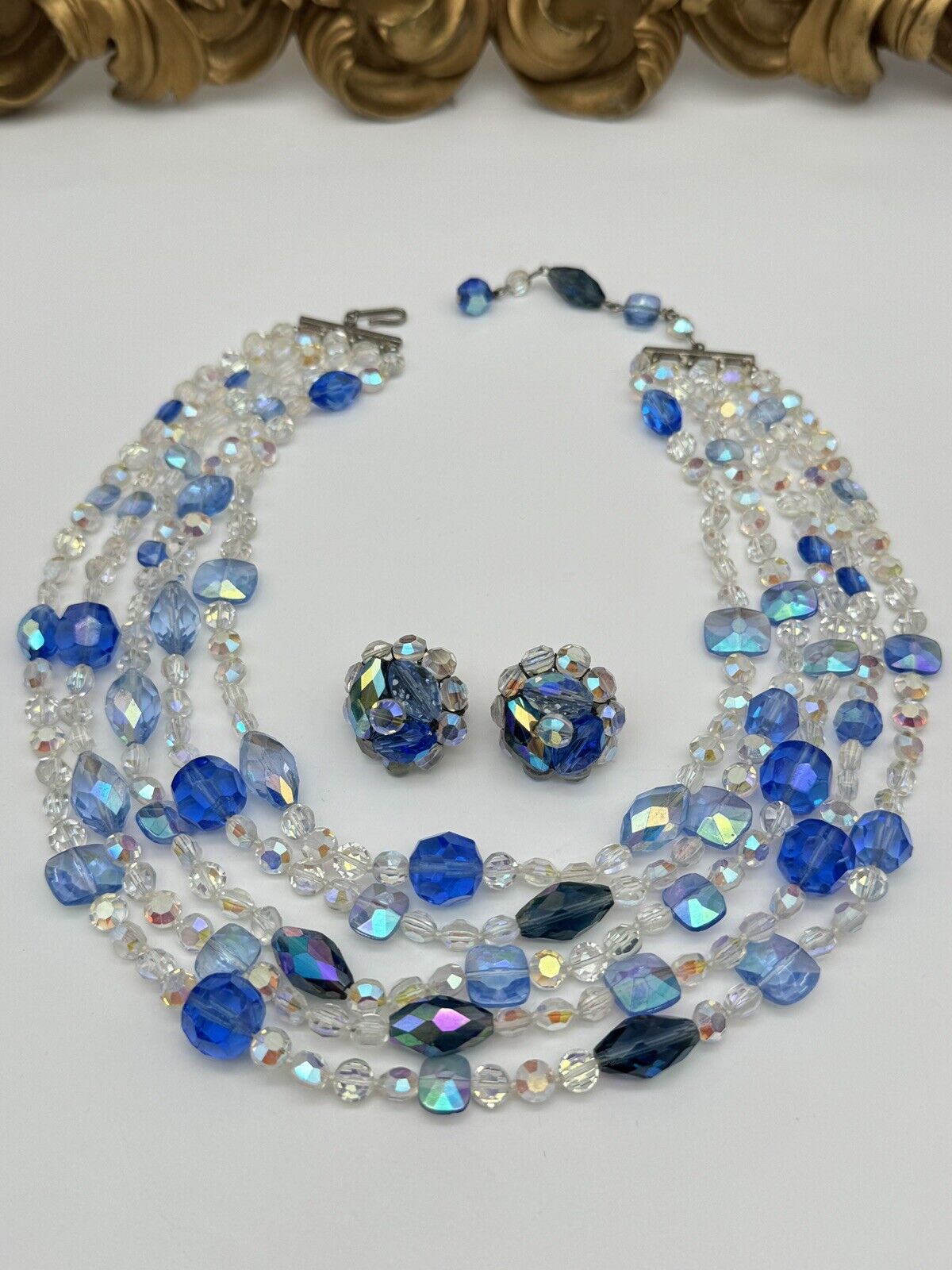 Vintage Blue & Clear AB Crystal 5 Strand Necklace & VOGUE Earrings Ca. 1960s