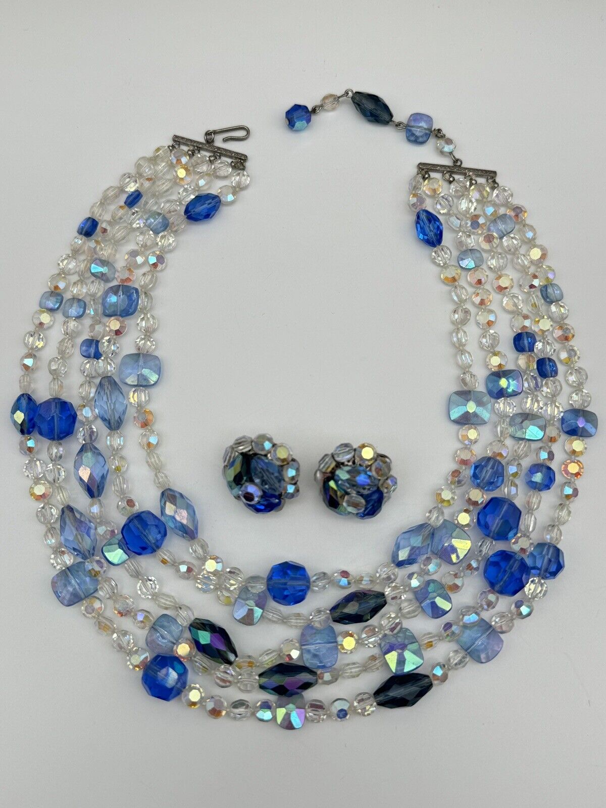 Vintage Blue & Clear AB Crystal 5 Strand Necklace & VOGUE Earrings Ca. 1960s