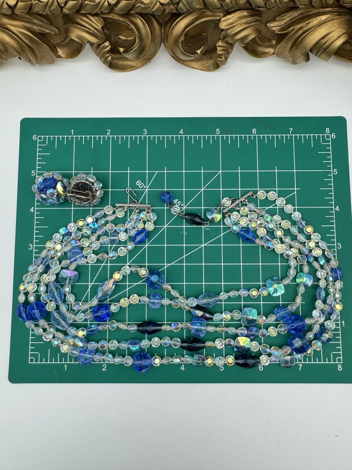 Vintage Blue & Clear AB Crystal 5 Strand Necklace & VOGUE Earrings Ca. 1960s