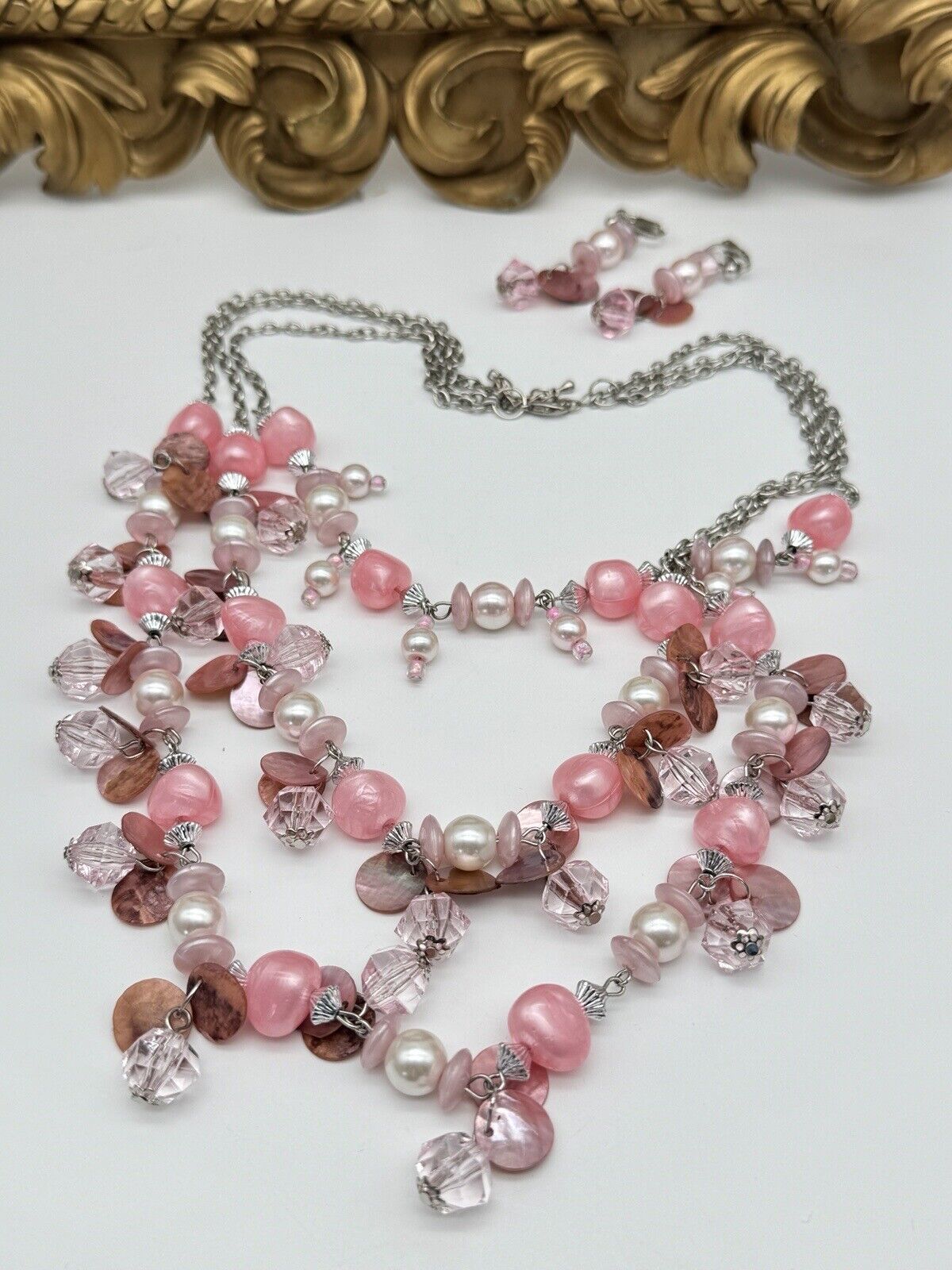 Pink 3 Strand Shell & Faux Pearl With Pink Beads Silver Tone Incl. Earrings VTG