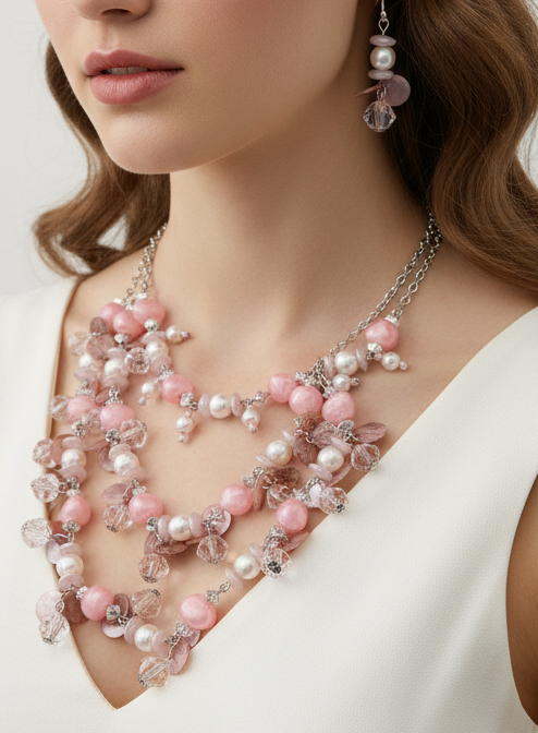 Vintage 3 Strand Necklace Shell & Faux Pearl Pink Beads Silver Tone with Earrings