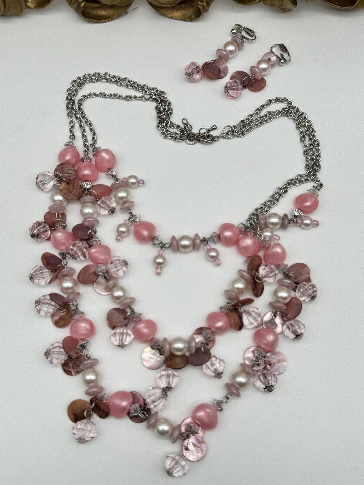 Pink 3 Strand Shell & Faux Pearl With Pink Beads Silver Tone Incl. Earrings VTG