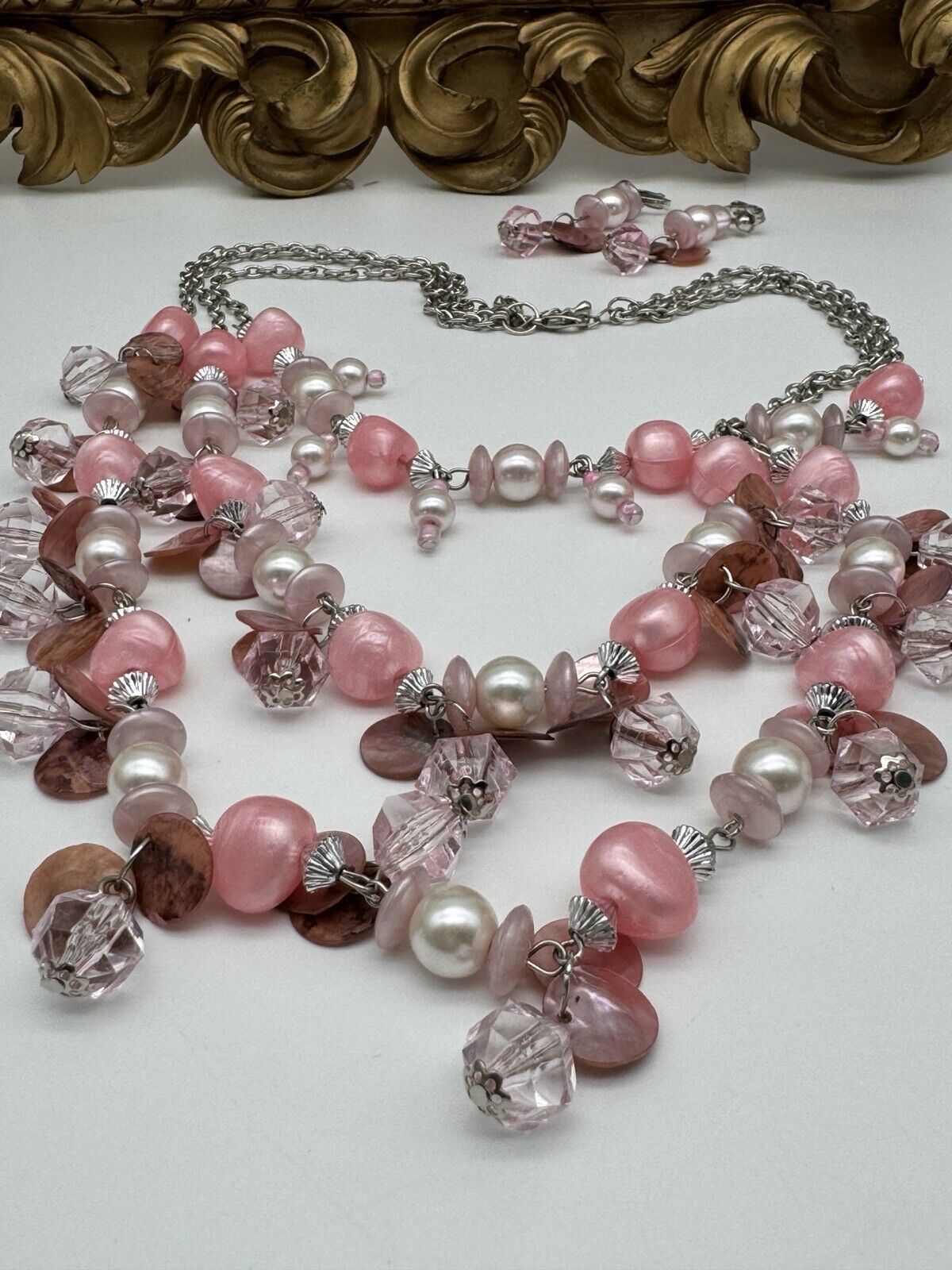 Pink 3 Strand Shell & Faux Pearl With Pink Beads Silver Tone Incl. Earrings VTG