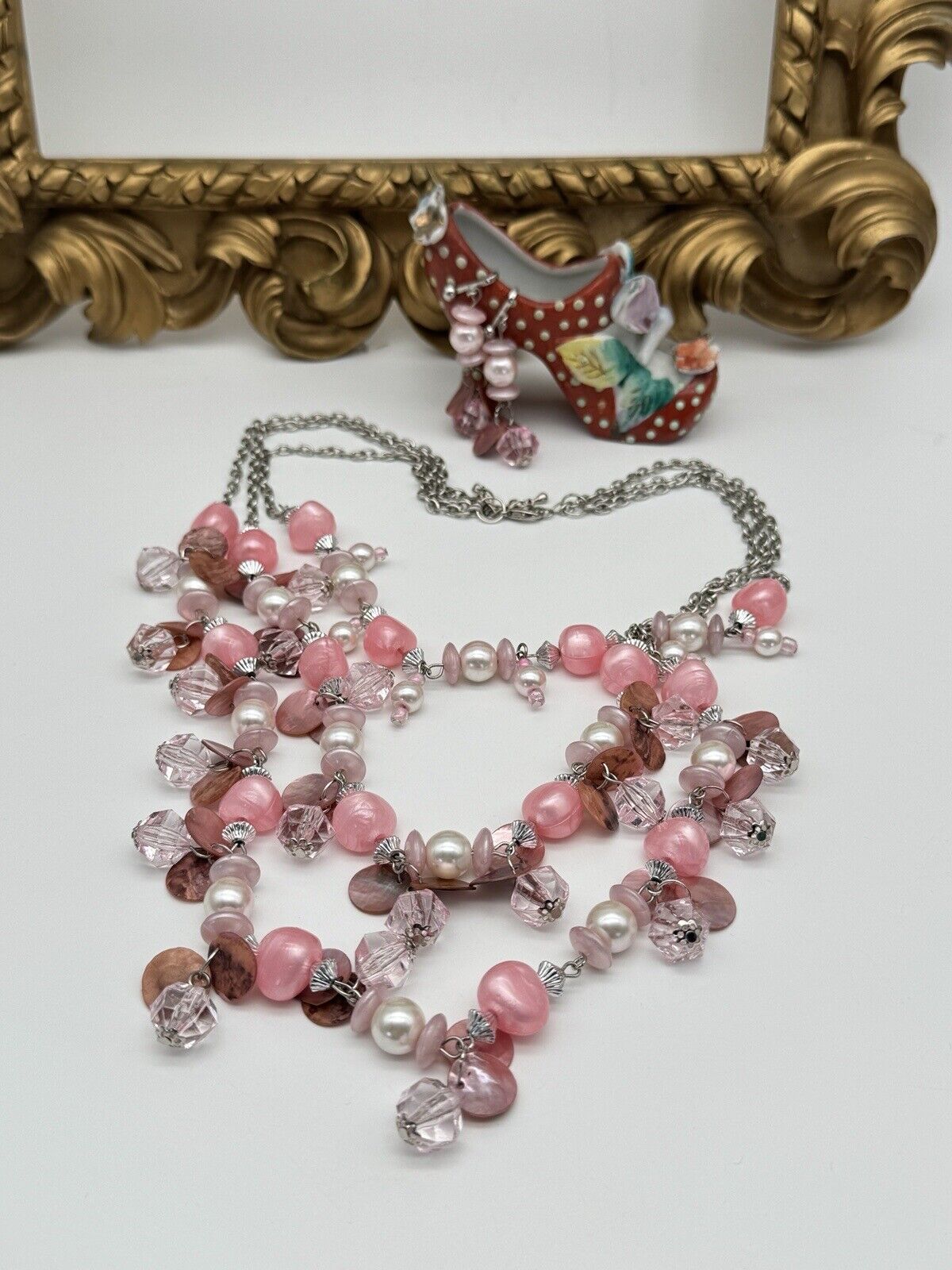 Pink 3 Strand Shell & Faux Pearl With Pink Beads Silver Tone Incl. Earrings VTG