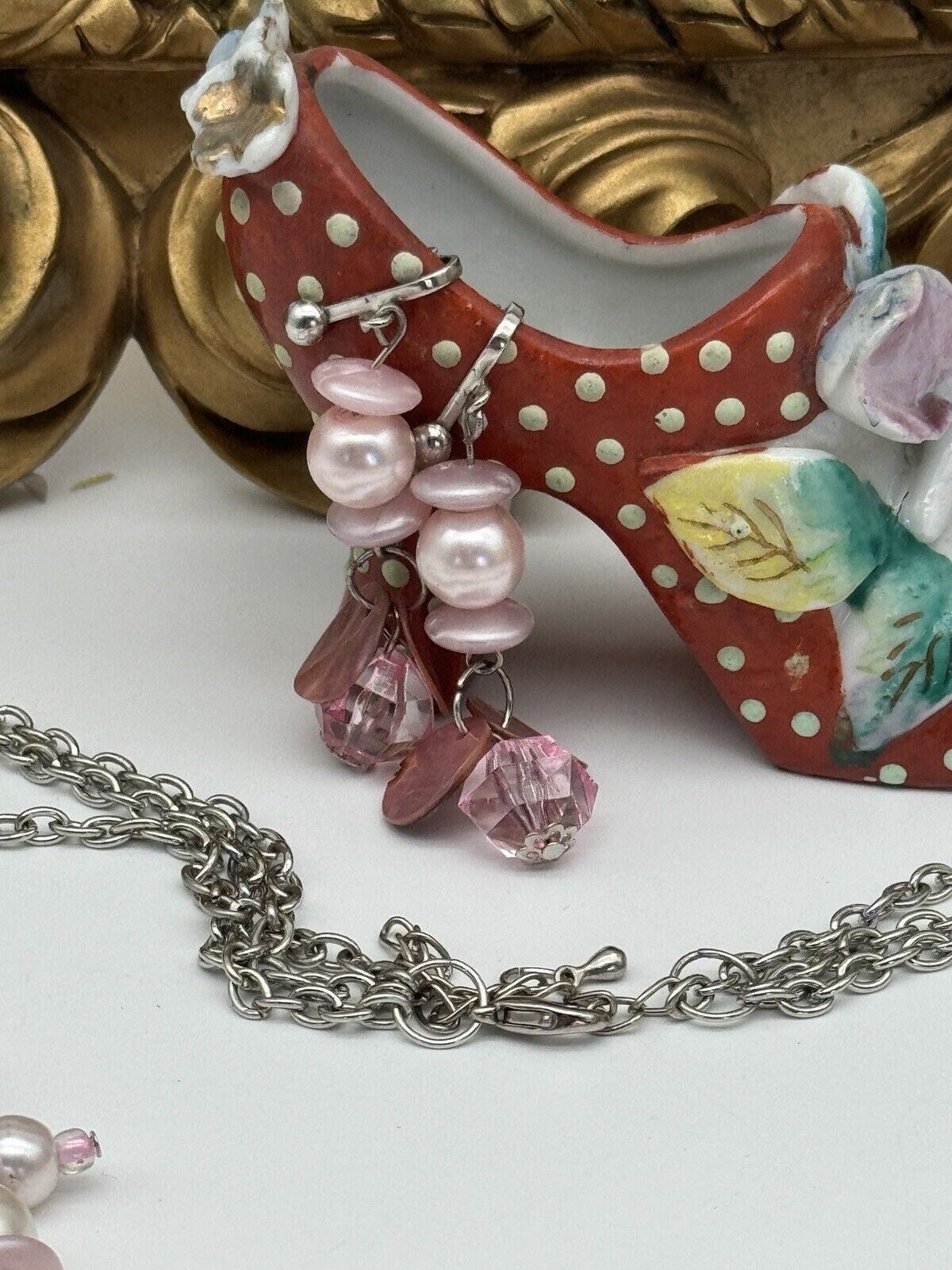 Pink 3 Strand Shell & Faux Pearl With Pink Beads Silver Tone Incl. Earrings VTG