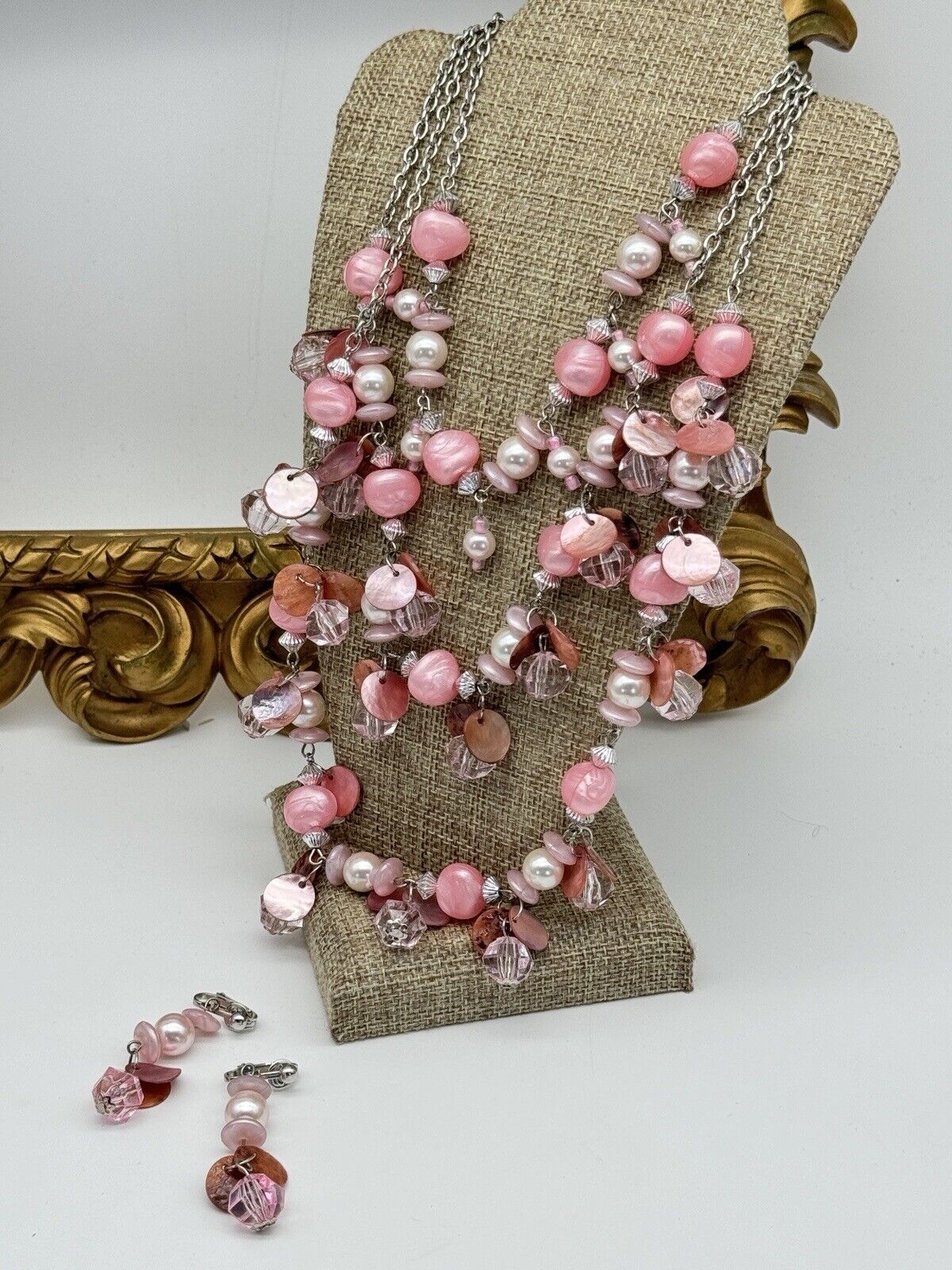 Pink 3 Strand Shell & Faux Pearl With Pink Beads Silver Tone Incl. Earrings VTG