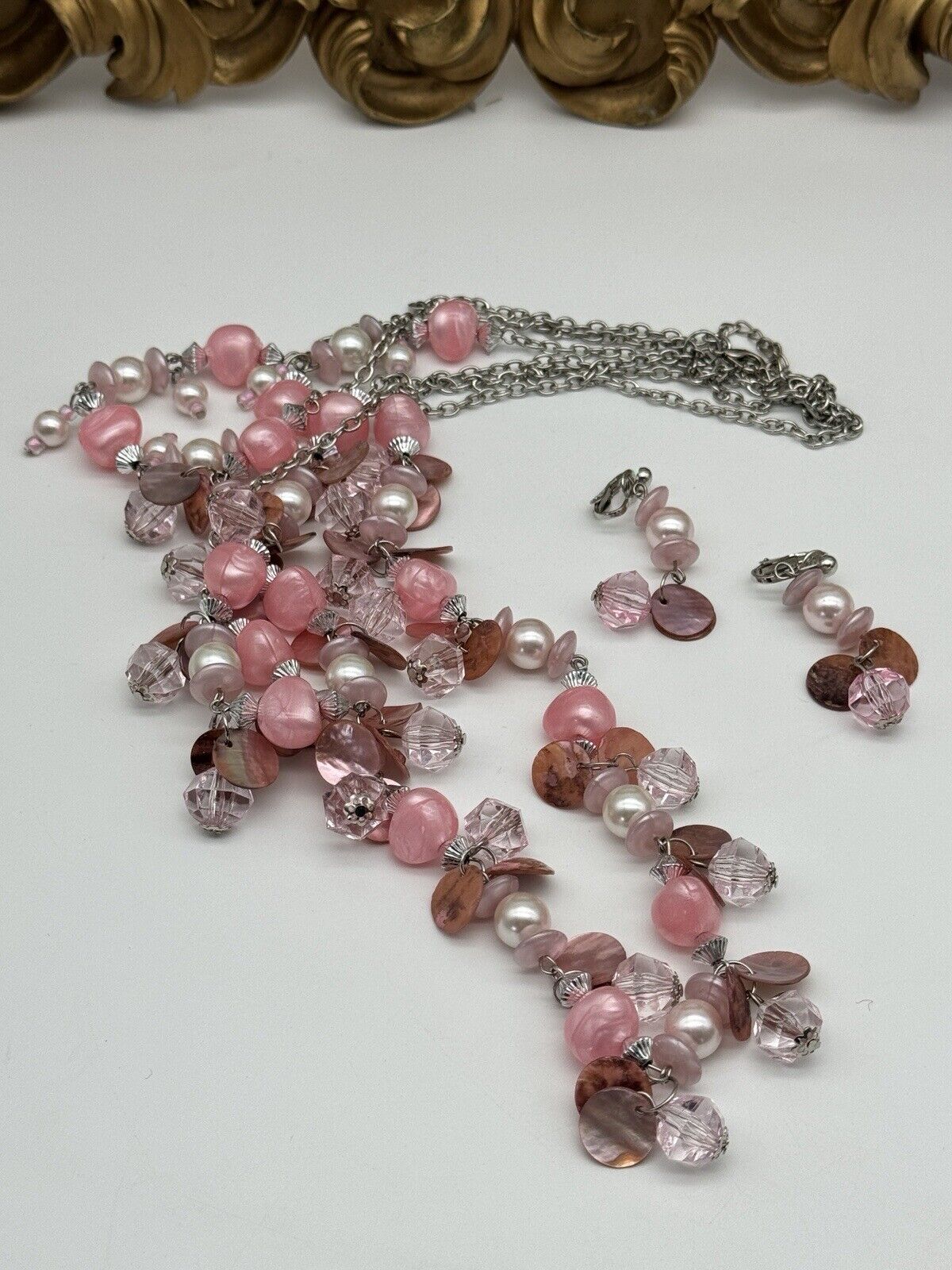 Pink 3 Strand Shell & Faux Pearl With Pink Beads Silver Tone Incl. Earrings VTG