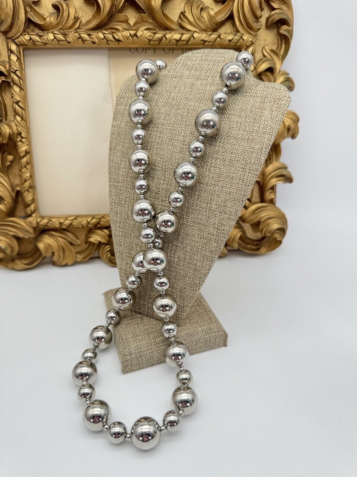 Signed Napier Silver Tone Bead Necklace Ca. 28”l