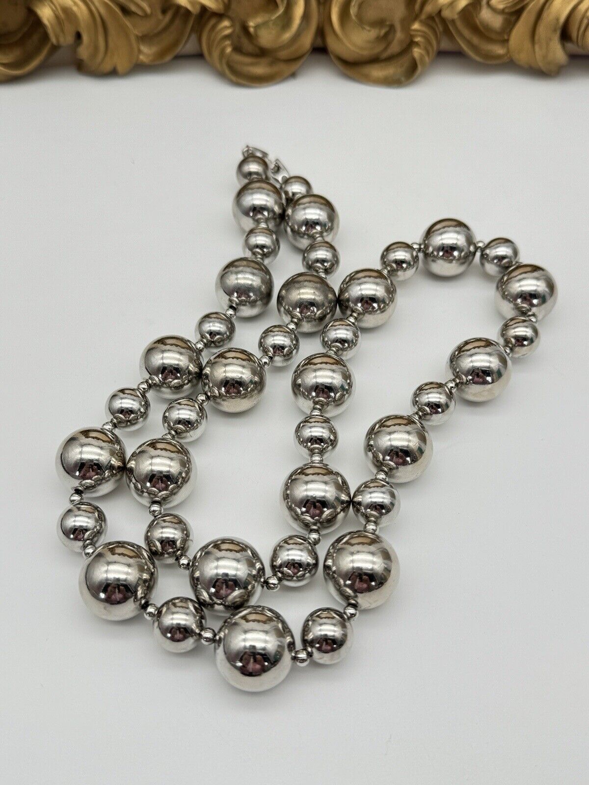 Signed Napier Silver Tone Bead Necklace Ca. 28”l