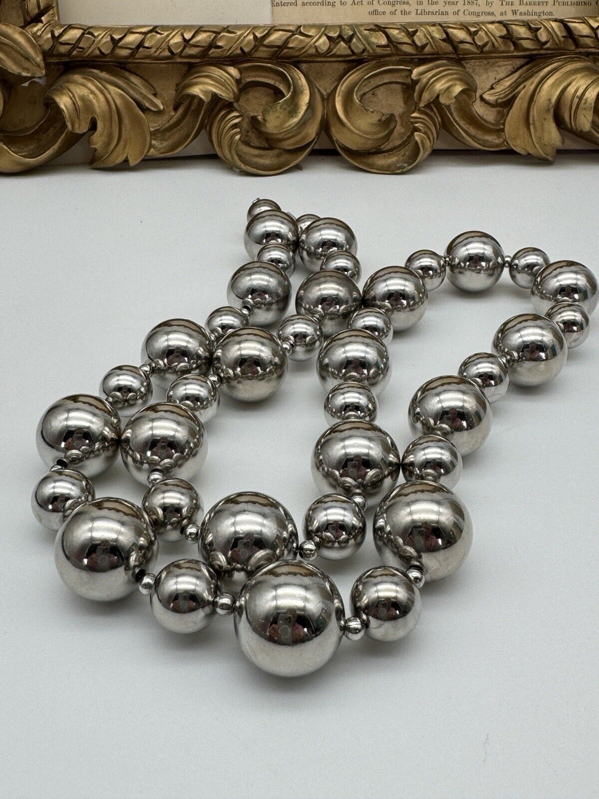 Signed Napier Silver Tone Bead Necklace Ca. 28”l