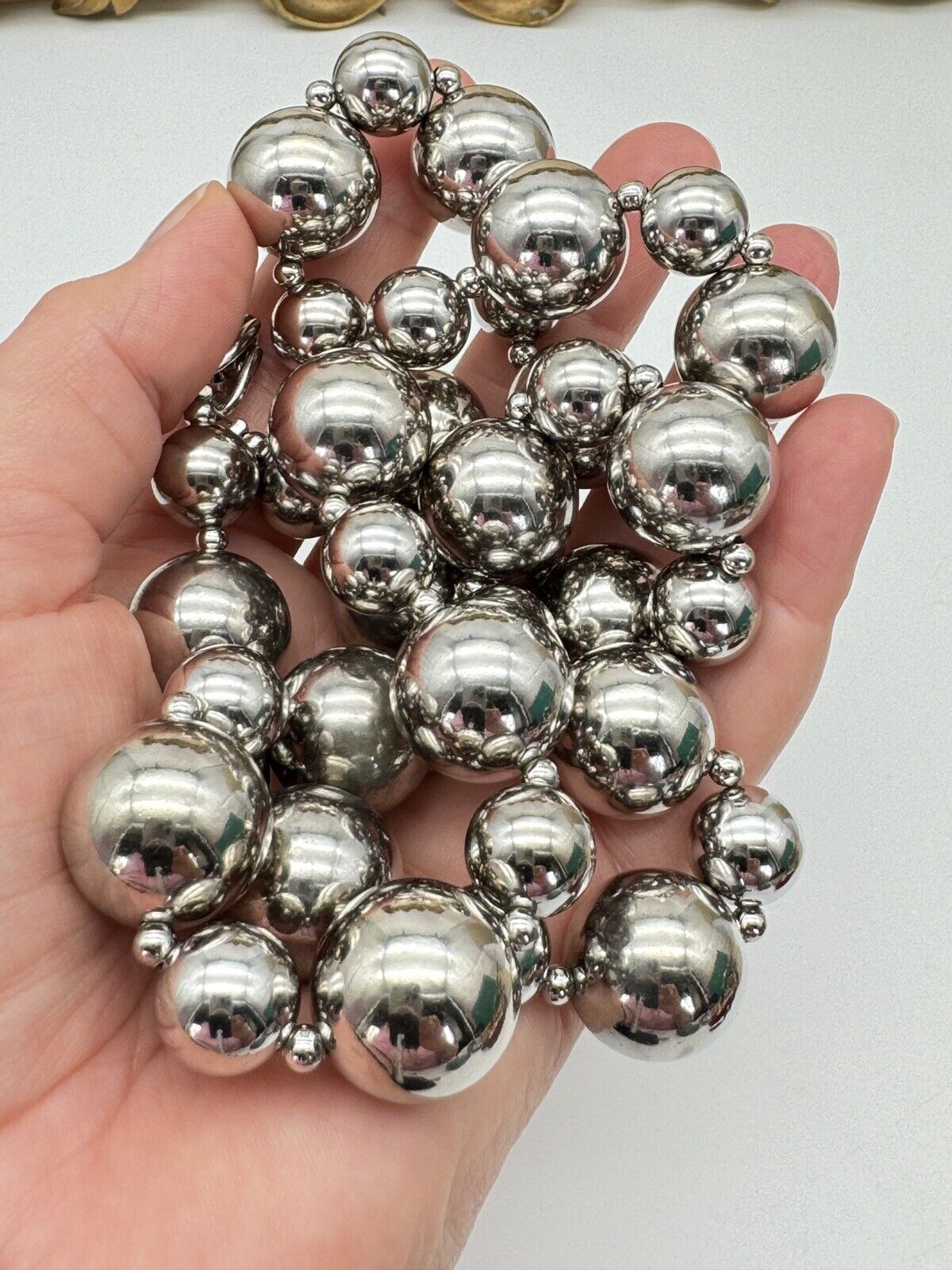 Signed Napier Silver Tone Bead Necklace Ca. 28”l