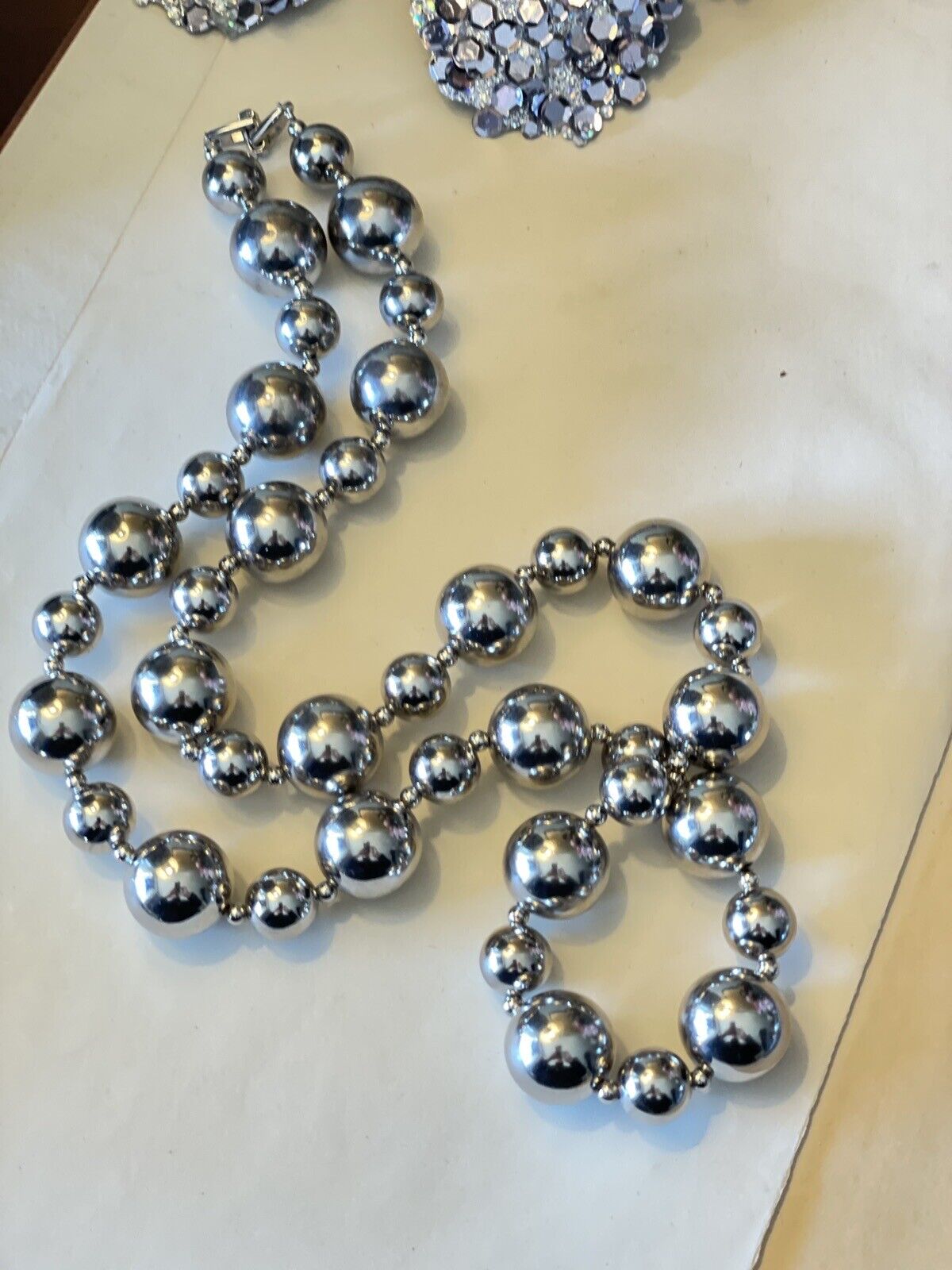 Signed Napier Silver Tone Bead Necklace Ca. 28”l