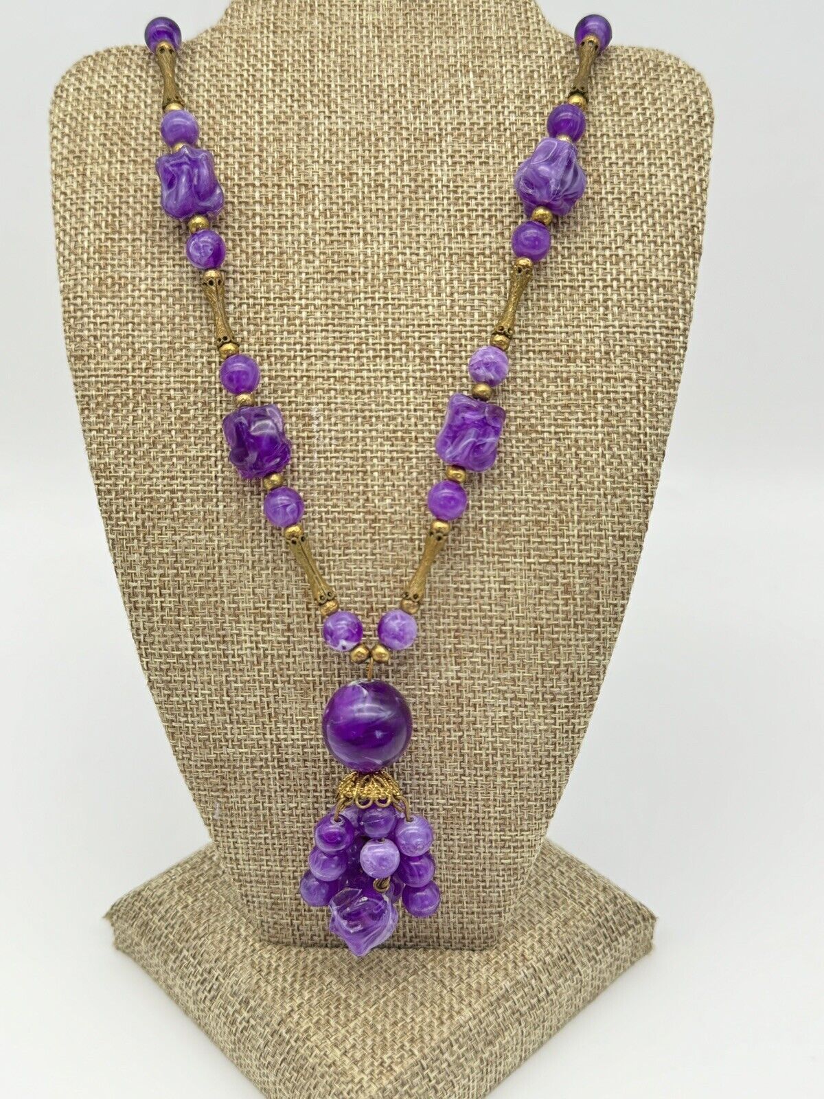 Vintage Faux Amethyst Gold Tone Accents Necklace City Ca 16” Closed