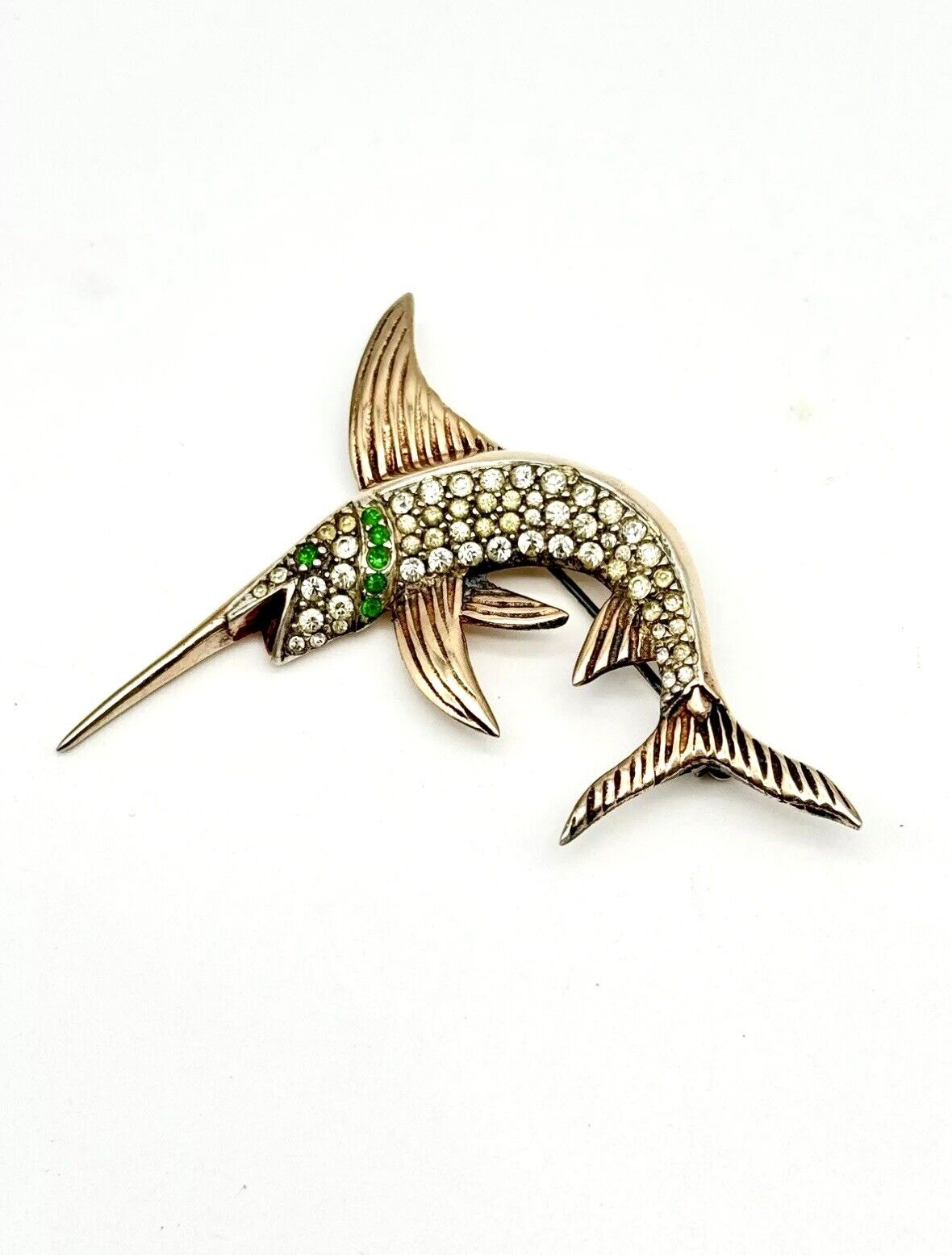 Vintage Sterling Silver Vermeil Swordfish Rhinestone Brooch 1940s ICONIC Style