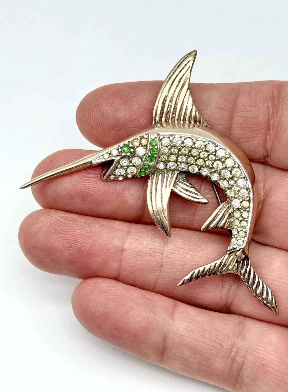 Vintage Sterling Silver Vermeil Swordfish Rhinestone Brooch 1940s ICONIC Style