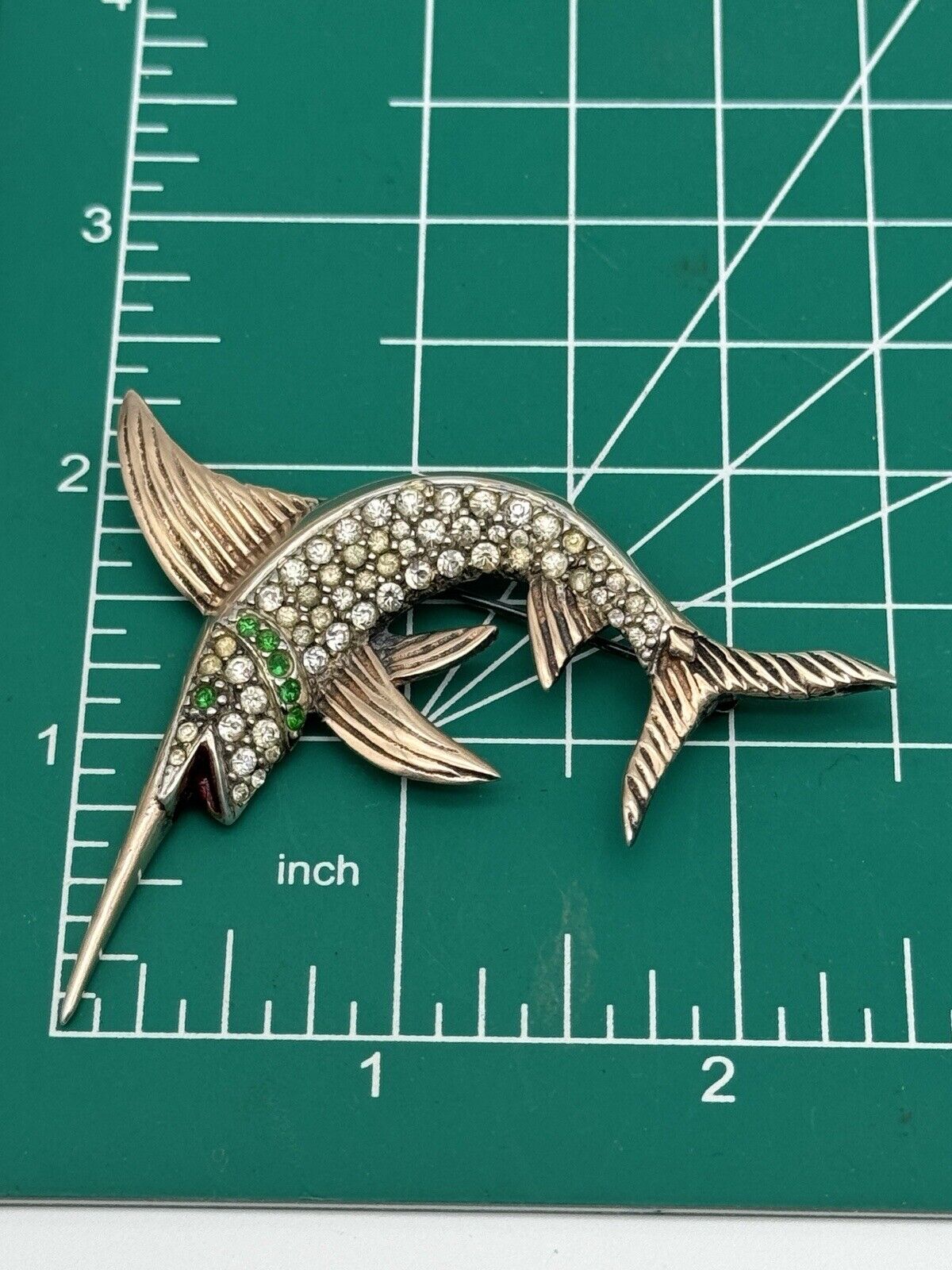 Vintage Sterling Silver Vermeil Swordfish Rhinestone Brooch 1940s ICONIC Style