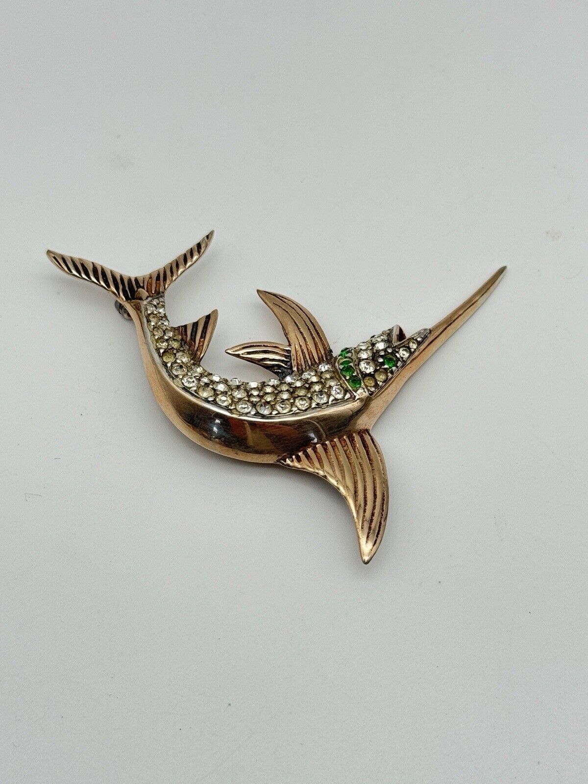 Vintage Sterling Silver Vermeil Swordfish Rhinestone Brooch 1940s ICONIC Style