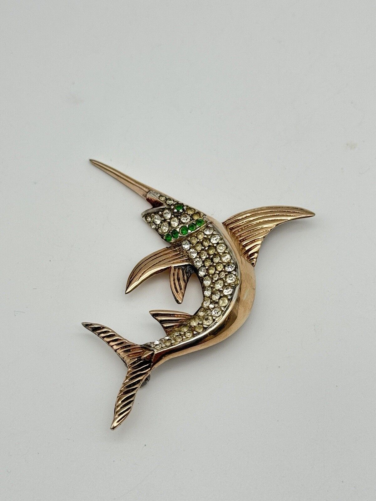 Vintage Sterling Silver Vermeil Swordfish Rhinestone Brooch 1940s ICONIC Style