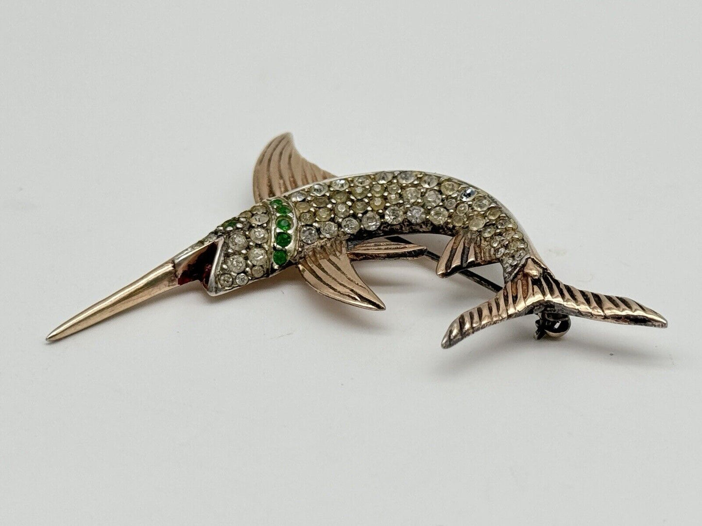 Vintage Sterling Silver Vermeil Swordfish Rhinestone Brooch 1940s ICONIC Style