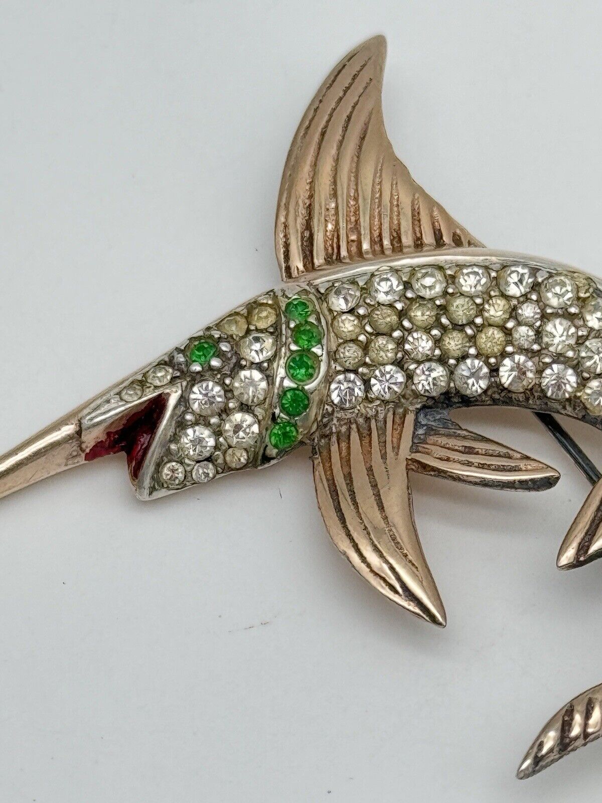 Vintage Sterling Silver Vermeil Swordfish Rhinestone Brooch 1940s ICONIC Style