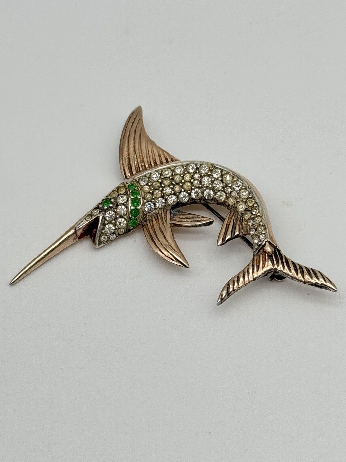 Vintage Sterling Silver Vermeil Swordfish Rhinestone Brooch 1940s ICONIC Style